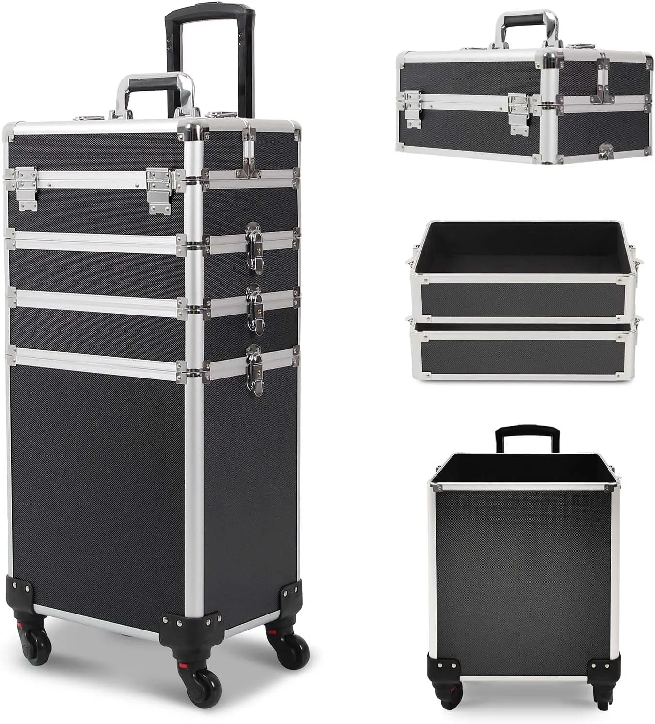 4 in 1 Rolling Makeup Train Case, Large Storage Cosmetic Trolley Makeup Travel Case with Key & Wheels Salon Barber Case Traveling Cart Trunk (Black) (0057)