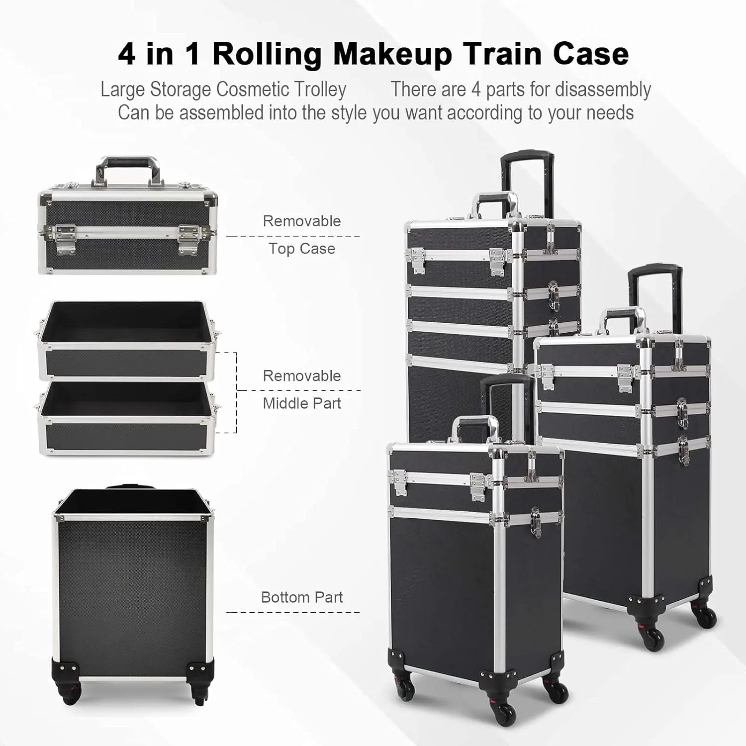 4 in 1 Rolling Makeup Train Case, Large Storage Cosmetic Trolley Makeup Travel Case with Key & Wheels Salon Barber Case Traveling Cart Trunk (Black) (0057)