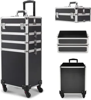4 in 1 Rolling Makeup Train Case, Large Storage Cosmetic Trolley Makeup Travel Case with Key & Wheels Salon Barber Case Traveling Cart Trunk (Black) (0057)