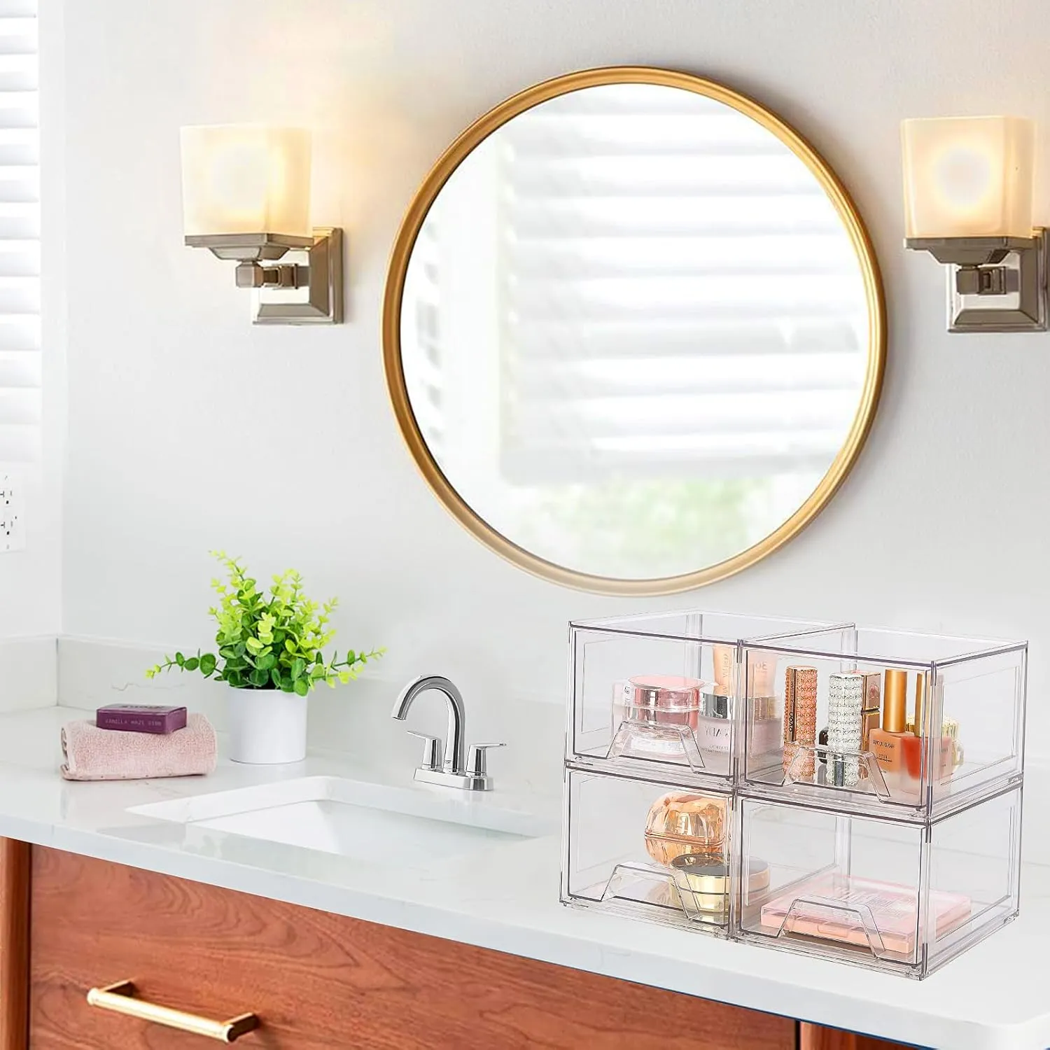 4 Pack Stackable Makeup Organizer,4.4'' Tall Acrylic Bathroom Organizer and Storage Drawers, Clear Plastic Drawer Storage Bins For Vanity, Undersink, Cabinets, Pantry