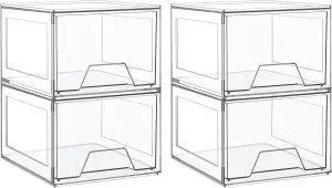 4 Pack Stackable Makeup Organizer,4.4'' Tall Acrylic Bathroom Organizer and Storage Drawers, Clear Plastic Drawer Storage Bins For Vanity, Undersink, Cabinets, Pantry