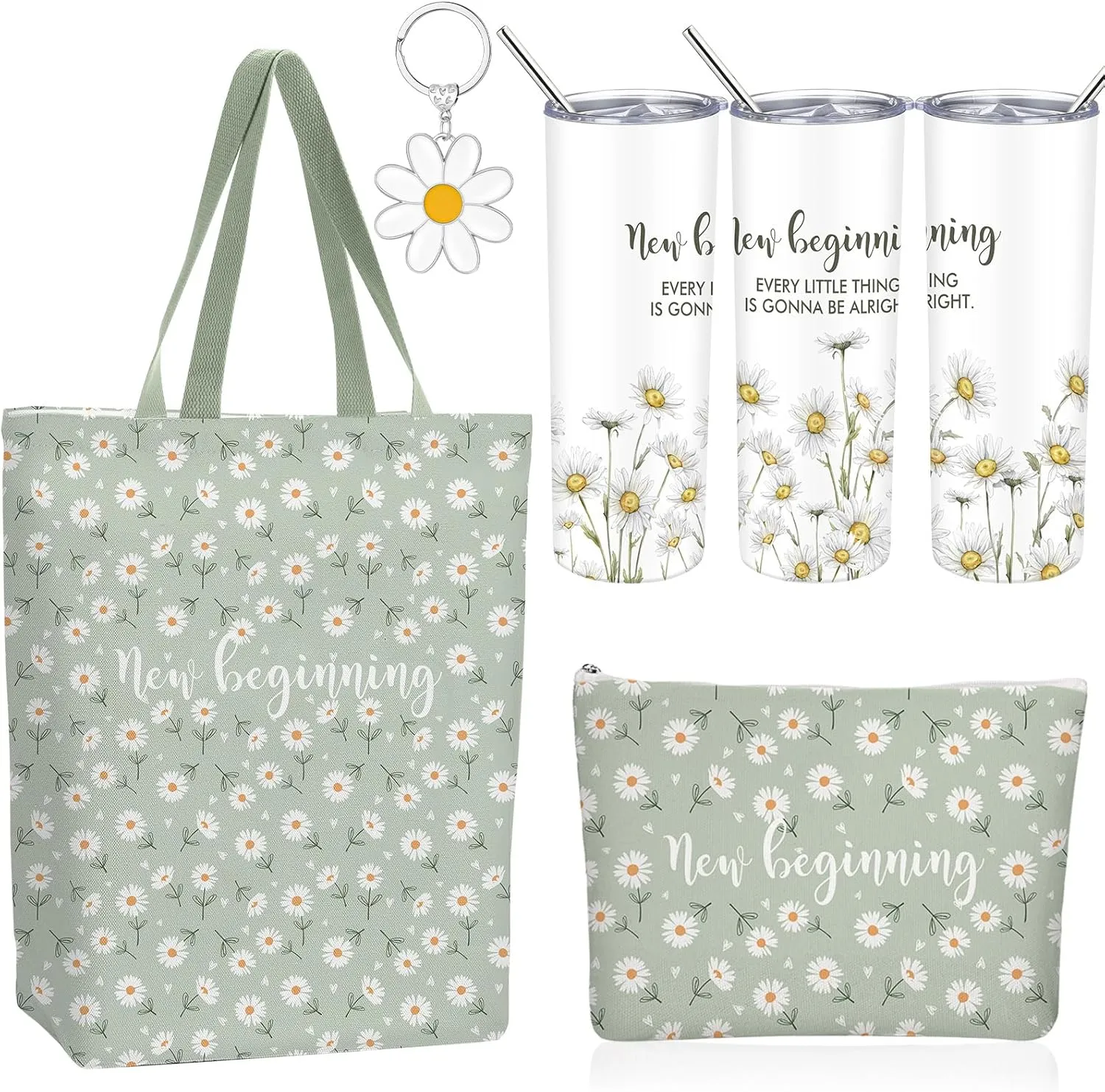 4 Pcs New Beginnings Gifts for Women Daisy Tote Bag with Makeup Bag New Beginning Mug Daisy Keychain New Job Going Away Goodbye Good Luck Gift for Coworker