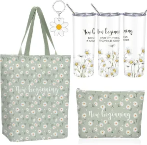 4 Pcs New Beginnings Gifts for Women Daisy Tote Bag with Makeup Bag New Beginning Mug Daisy Keychain New Job Going Away Goodbye Good Luck Gift for Coworker