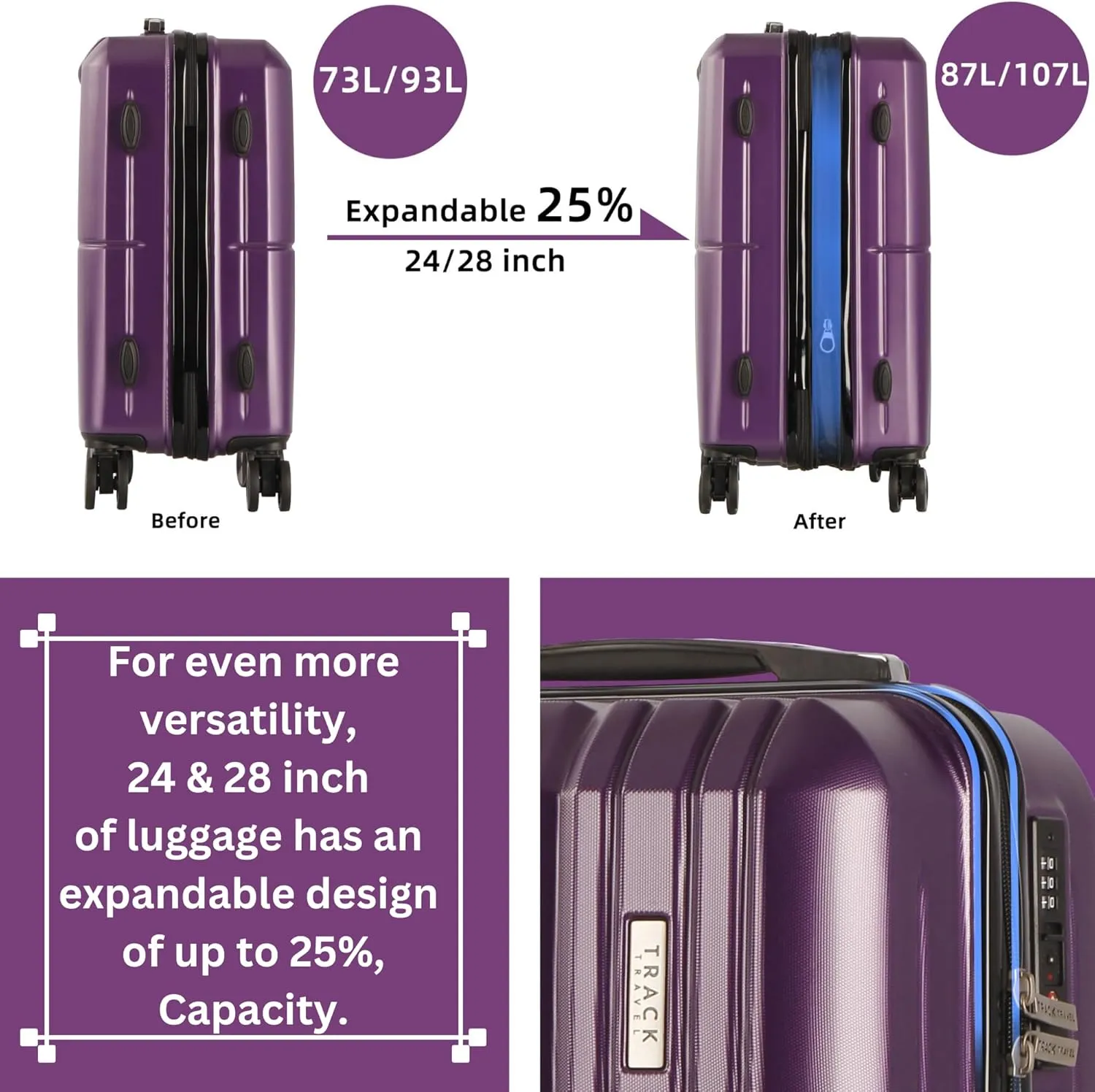 4 Piece Luggage Set ABS PC Expandable Hardshell TSA Lock Aluminum Trolley Spinner Wheels (Purple, 4 Piece Set)