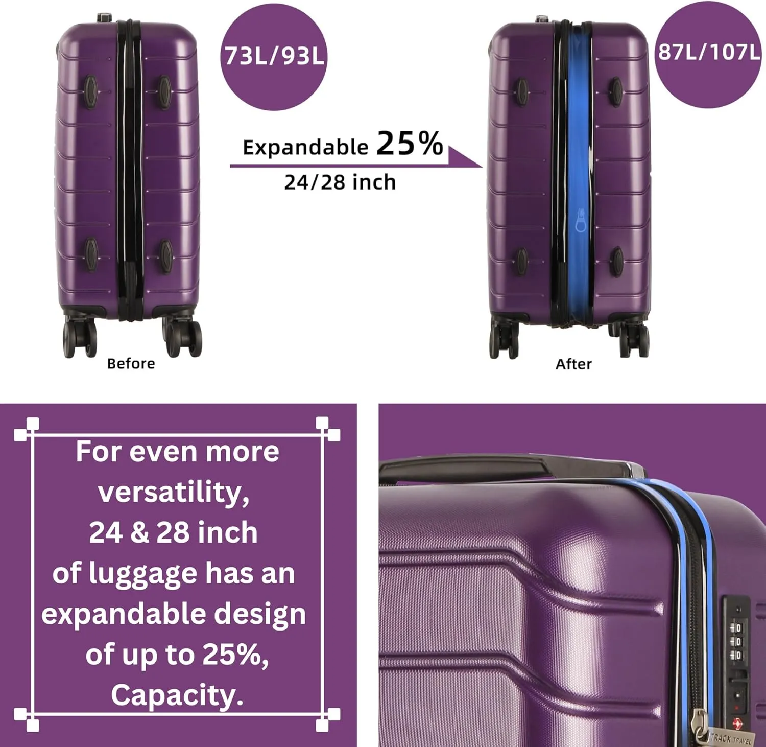 4 Piece Luggage Set ABS PC Expandable Hardshell TSA Lock Aluminum Trolley Spinner Wheels (Purple, 4 Piece Set)