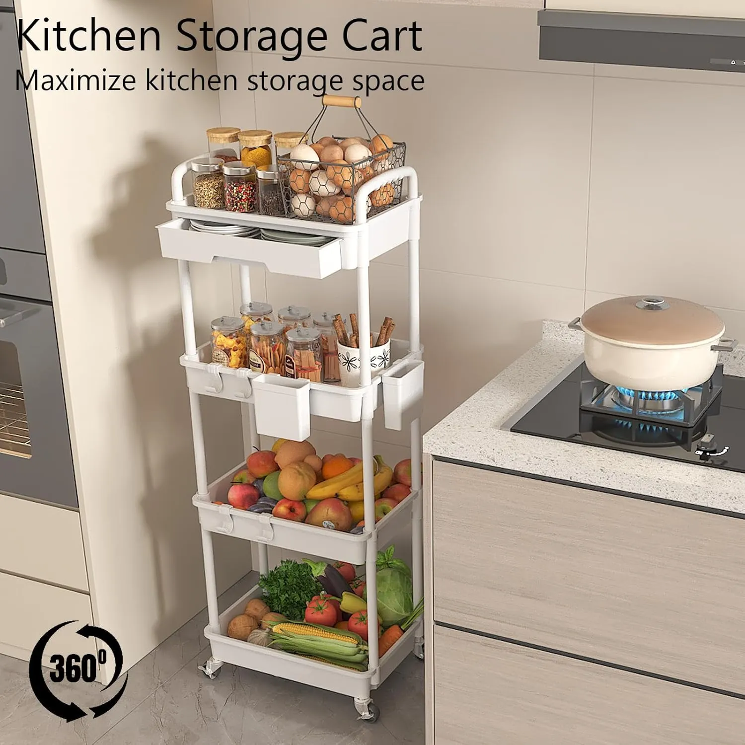 4 Tier Rolling Utility Cart with Drawer, Plastic Storage Organizer Rolling Carts with Wheels Handles Hanging Cups Hooks for Office, Bathroom, Kitchen,Craft Art Room (White)