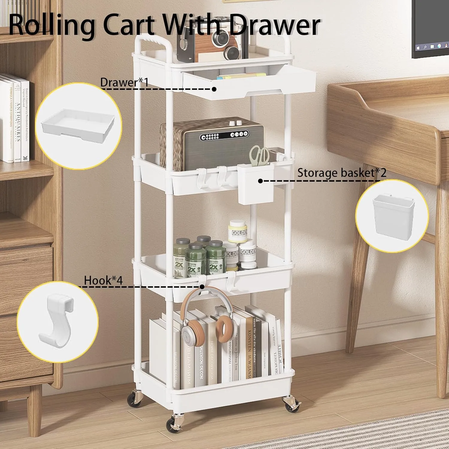 4 Tier Rolling Utility Cart with Drawer, Plastic Storage Organizer Rolling Carts with Wheels Handles Hanging Cups Hooks for Office, Bathroom, Kitchen,Craft Art Room (White)