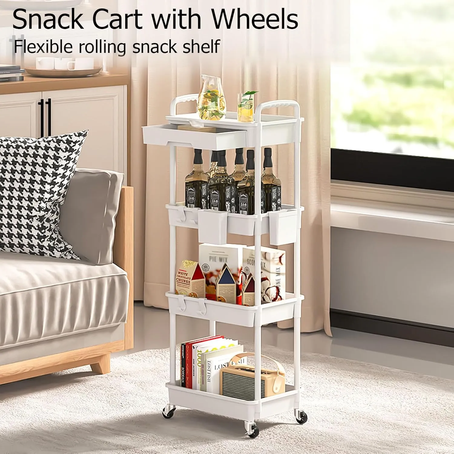4 Tier Rolling Utility Cart with Drawer, Plastic Storage Organizer Rolling Carts with Wheels Handles Hanging Cups Hooks for Office, Bathroom, Kitchen,Craft Art Room (White)