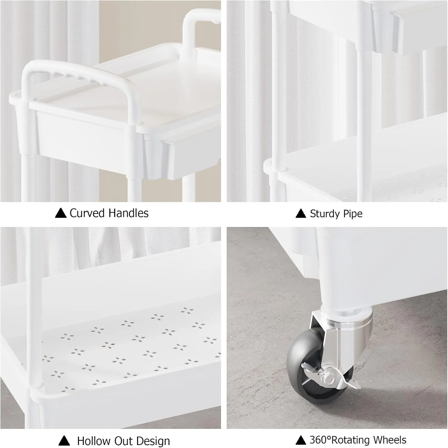 4 Tier Rolling Utility Cart with Drawer, Plastic Storage Organizer Rolling Carts with Wheels Handles Hanging Cups Hooks for Office, Bathroom, Kitchen,Craft Art Room (White)