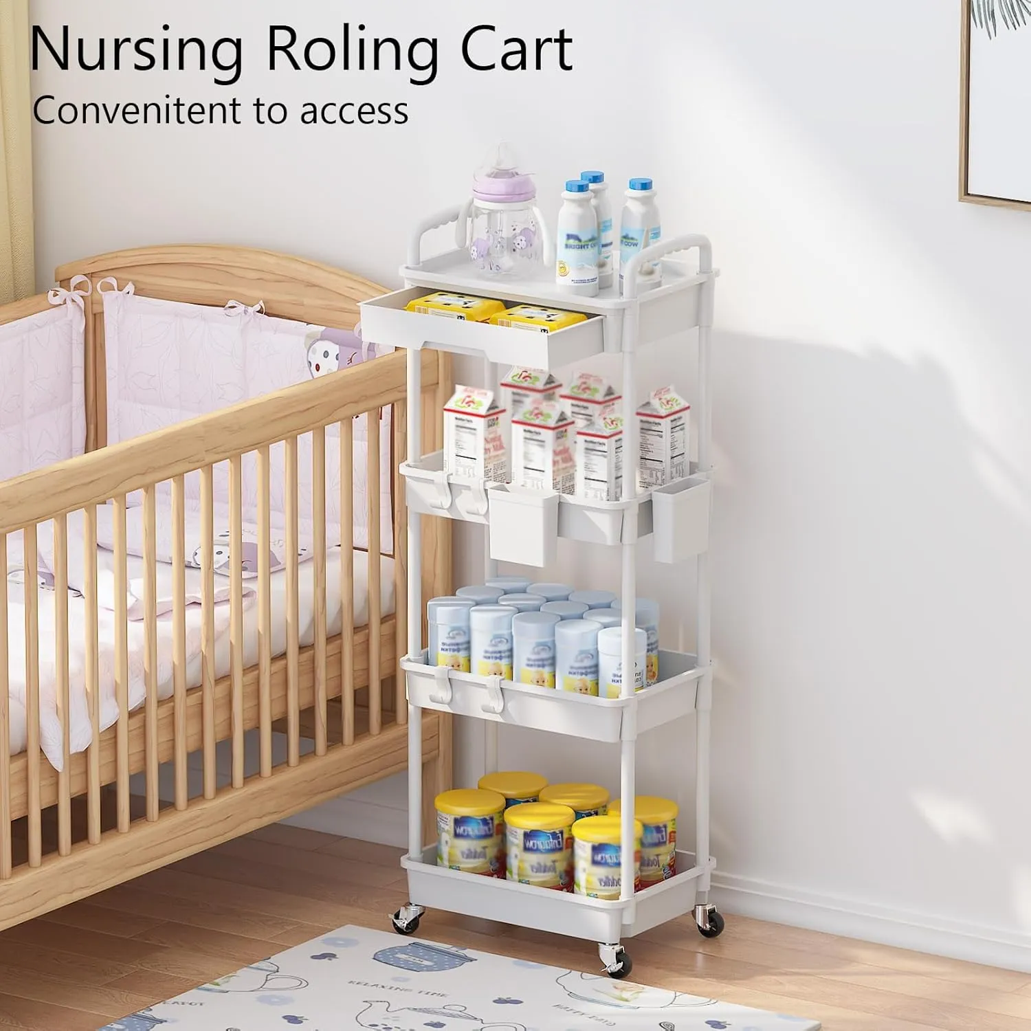 4 Tier Rolling Utility Cart with Drawer, Plastic Storage Organizer Rolling Carts with Wheels Handles Hanging Cups Hooks for Office, Bathroom, Kitchen,Craft Art Room (White)