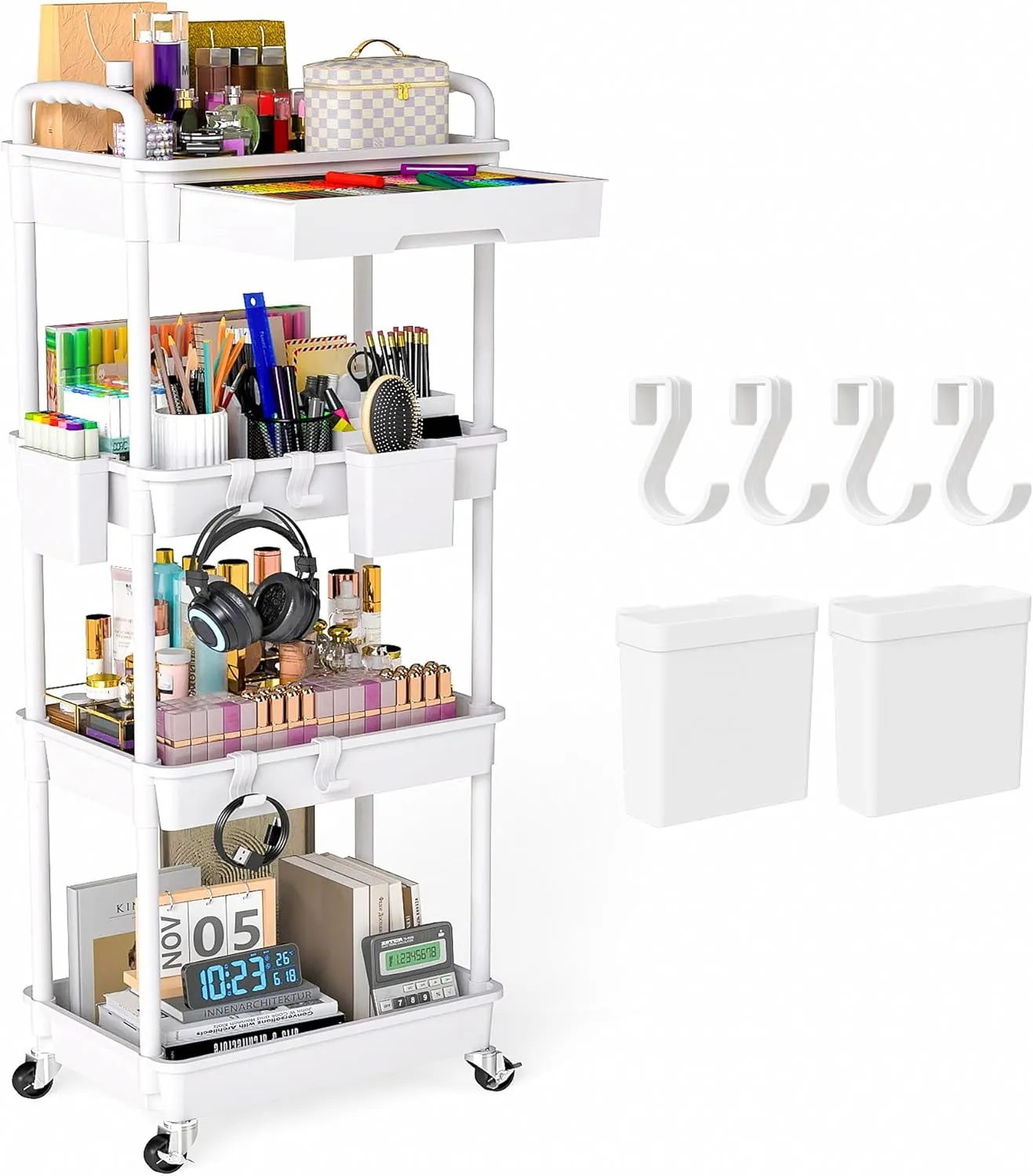 4 Tier Rolling Utility Cart with Drawer, Plastic Storage Organizer Rolling Carts with Wheels Handles Hanging Cups Hooks for Office, Bathroom, Kitchen,Craft Art Room (White)