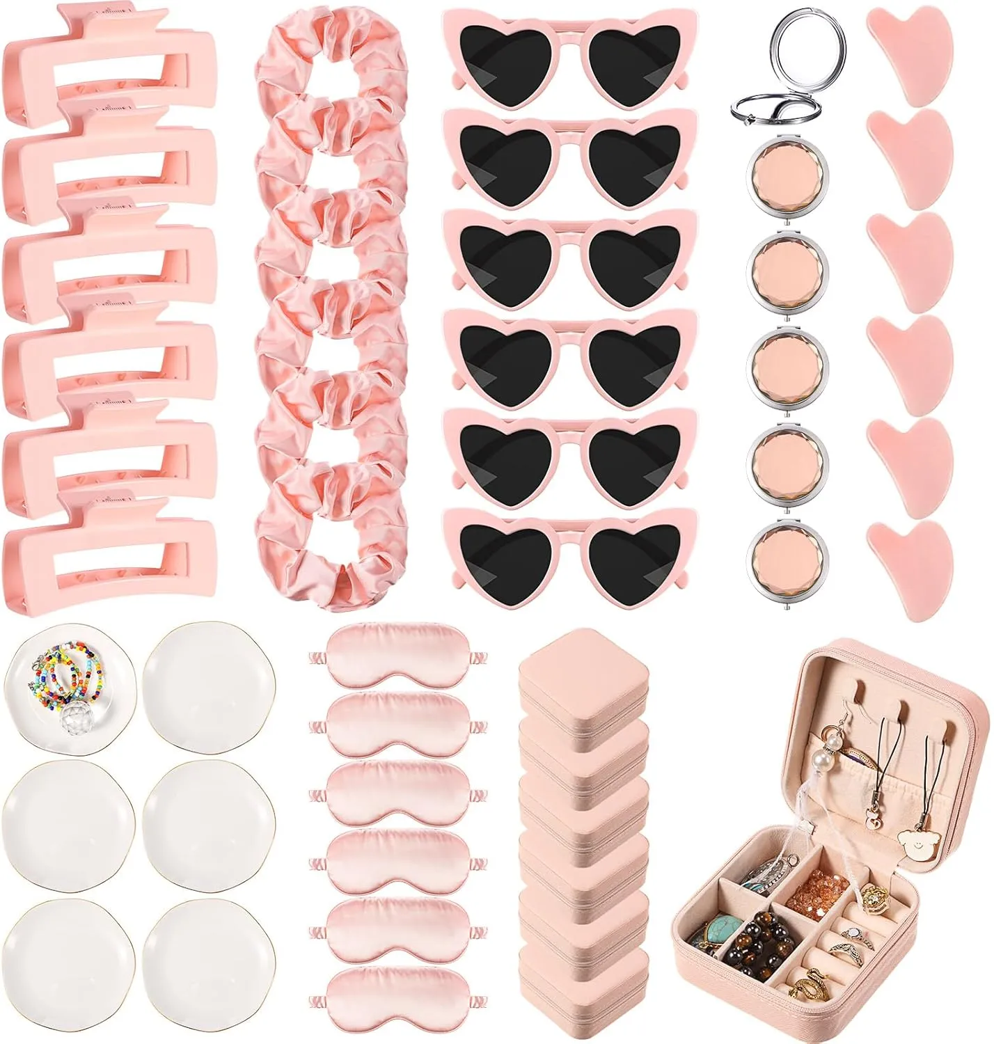 48 Pcs Bridesmaid Proposal Gifts Scrunchies Square Hair Claws Sunglasses Jewelry Storage Boxes Eye Masks Mini Makeup Mirrors Ceramic Jewelry Trays Gua Sha Facial Tool Bridal Gift for Wedding