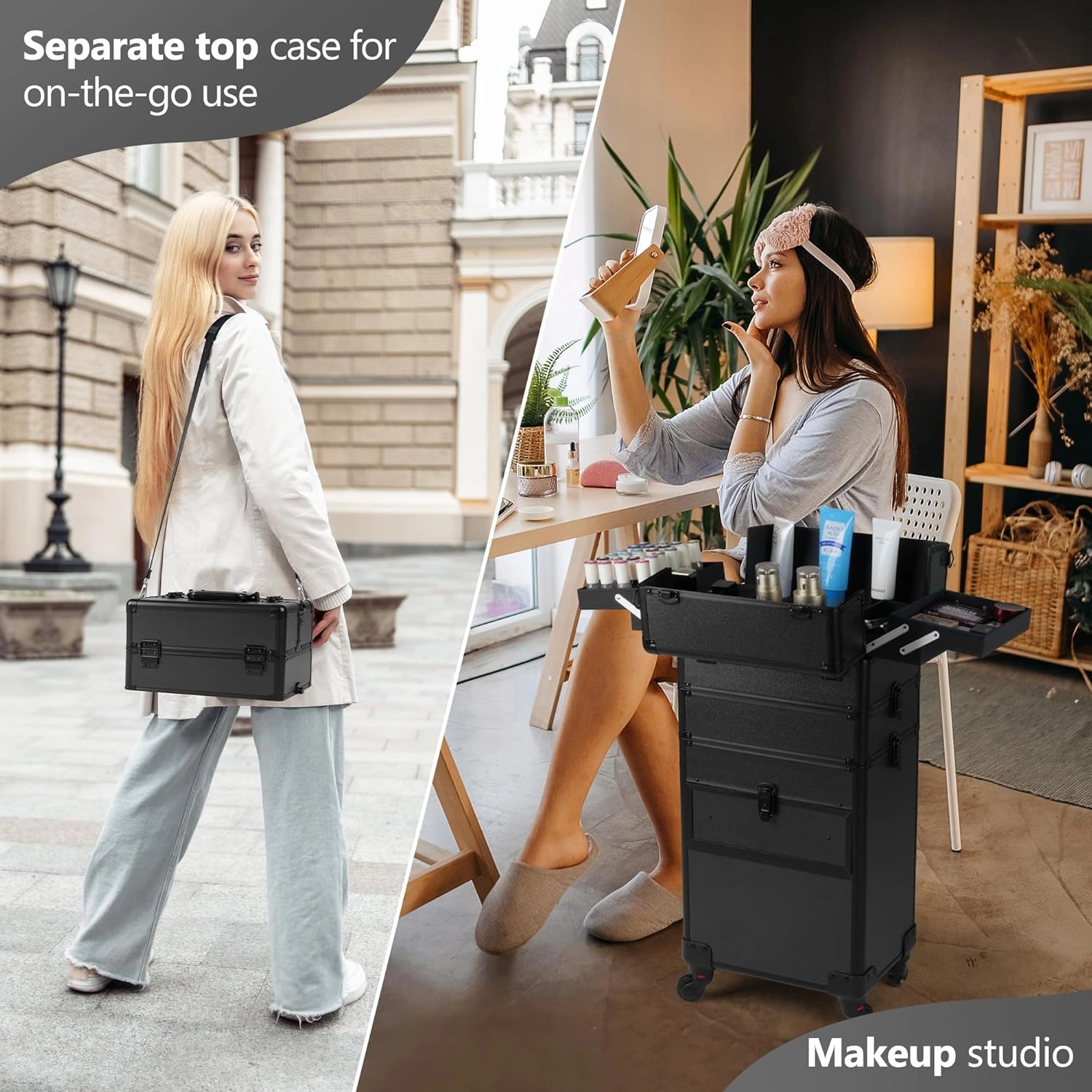 4 in 1 Rolling Makeup Case on Wheels with Drawer and Professional Cosmetic Organizers for Salon Barber - Bright Black