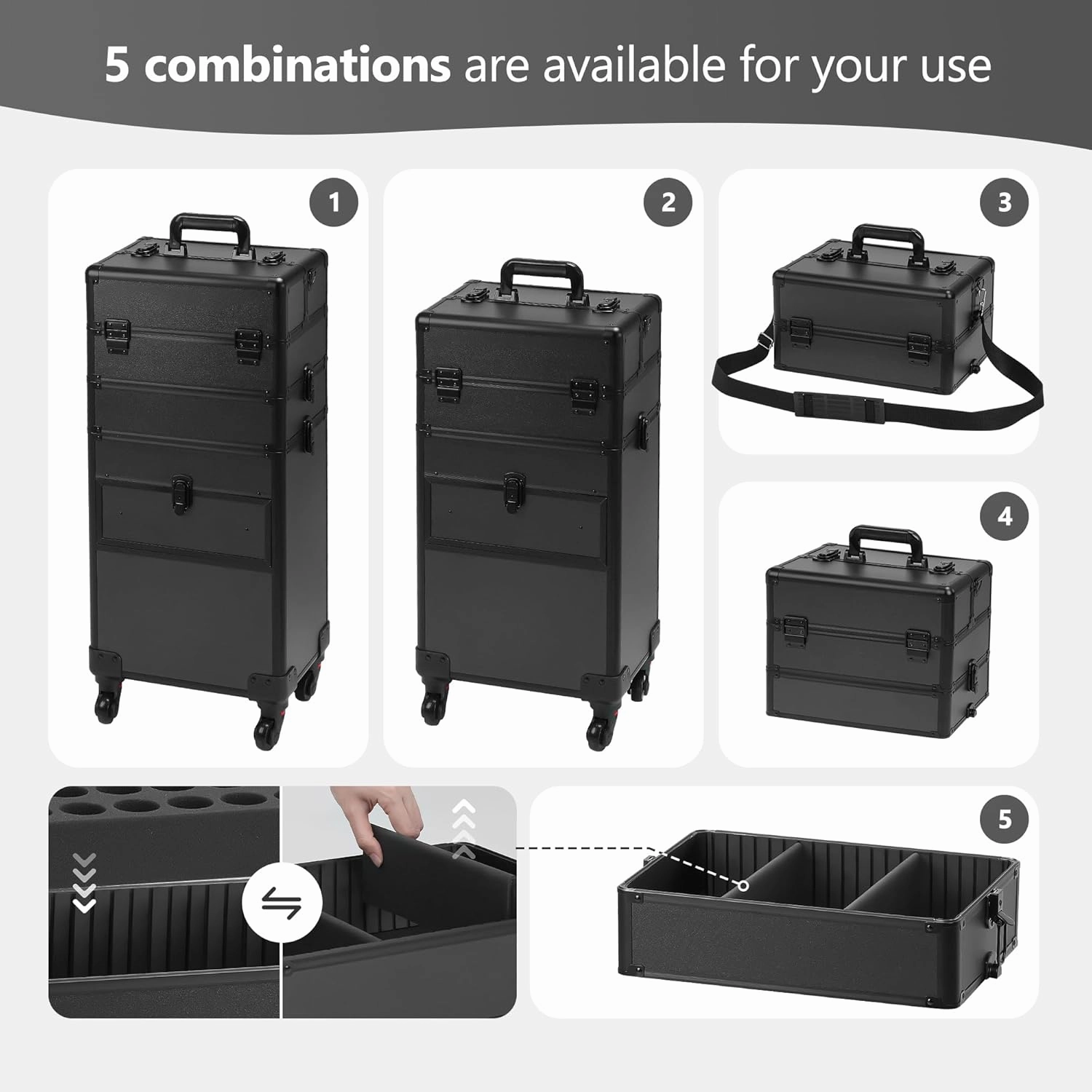 4 in 1 Rolling Makeup Case on Wheels with Drawer and Professional Cosmetic Organizers for Salon Barber - Bright Black