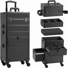 4 in 1 Rolling Makeup Case on Wheels with Drawer and Professional Cosmetic Organizers for Salon Barber - Bright Black