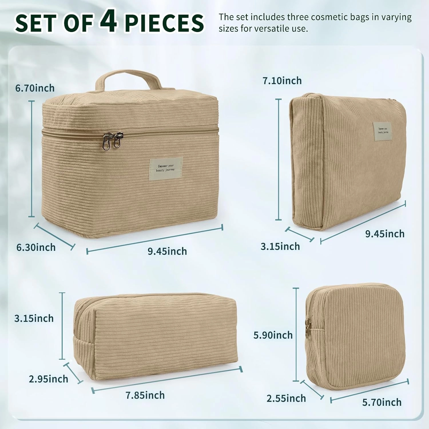 4 Pcs Makeup Bag for Women Corduroy Cosmetic Bag Aesthetic Cute Bags Multi Size Purse Pouch Travel Toiletry Bag Set Makeup Organizer with Zipper (06-Yellow)