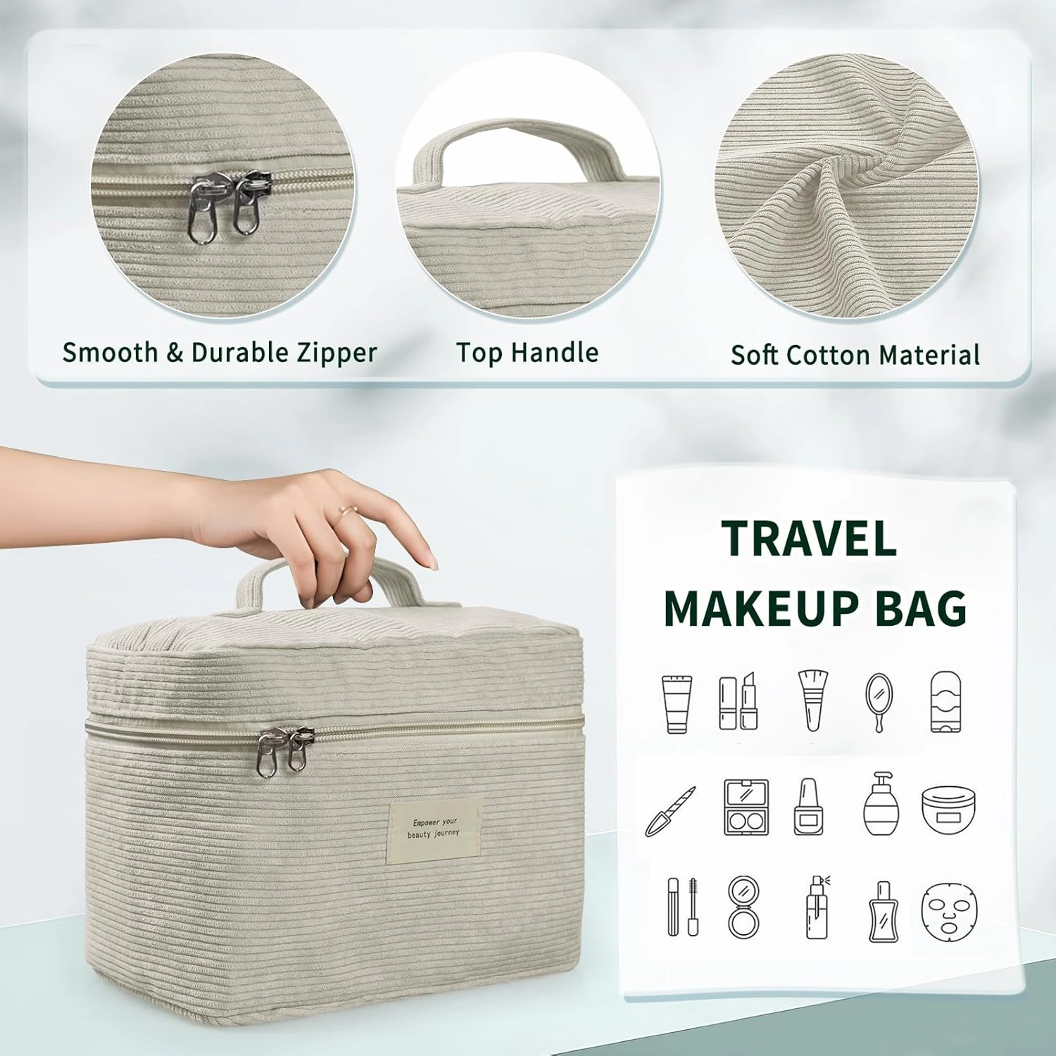 4 Pcs Makeup Bag for Women Corduroy Cosmetic Bag Aesthetic Cute Bags Multi Size Purse Pouch Travel Toiletry Bag Set Makeup Organizer with Zipper(Beige)