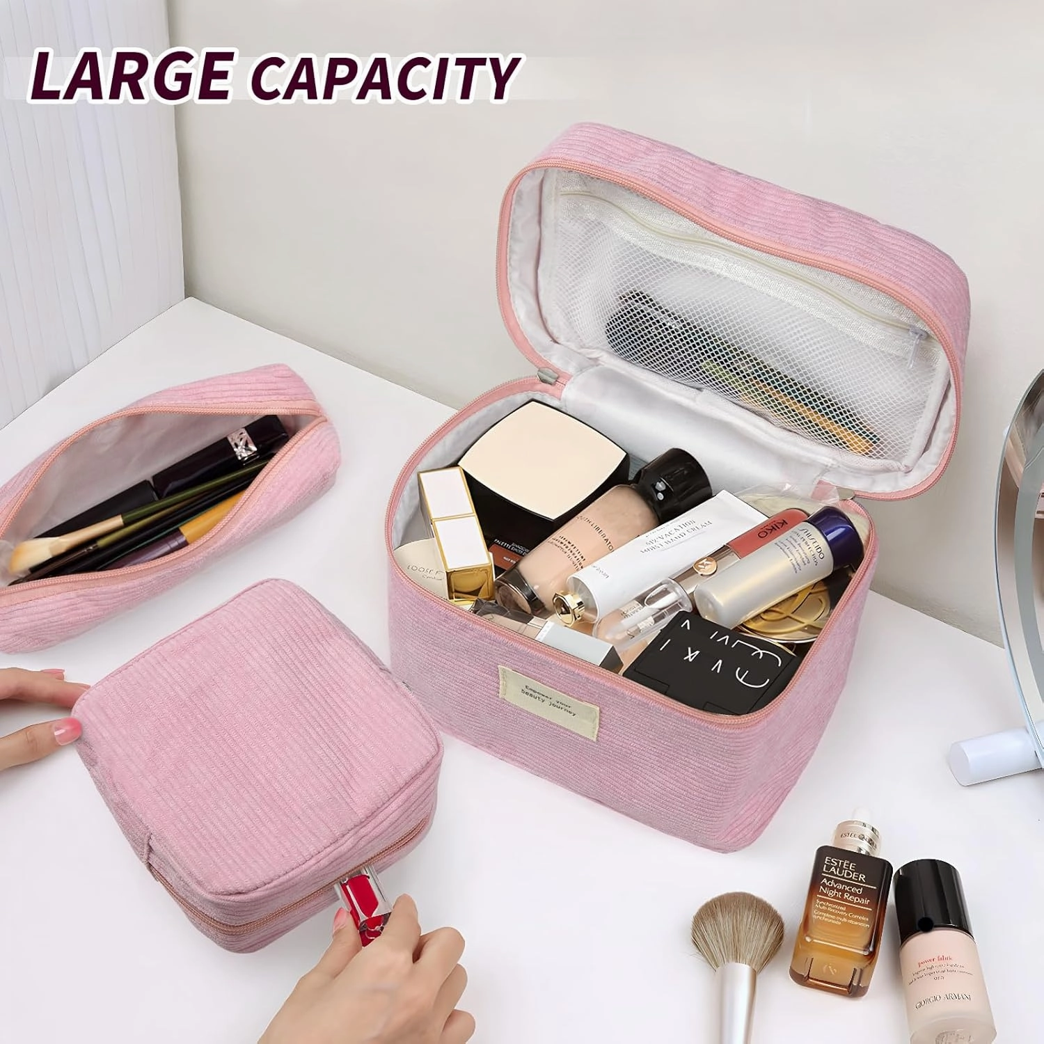 4 Pcs Makeup Bag for Women Corduroy Cosmetic Bag Aesthetic Cute Bags Multi Size Purse Pouch Travel Toiletry Bag Set Makeup Organizer with Zipper(Pink)