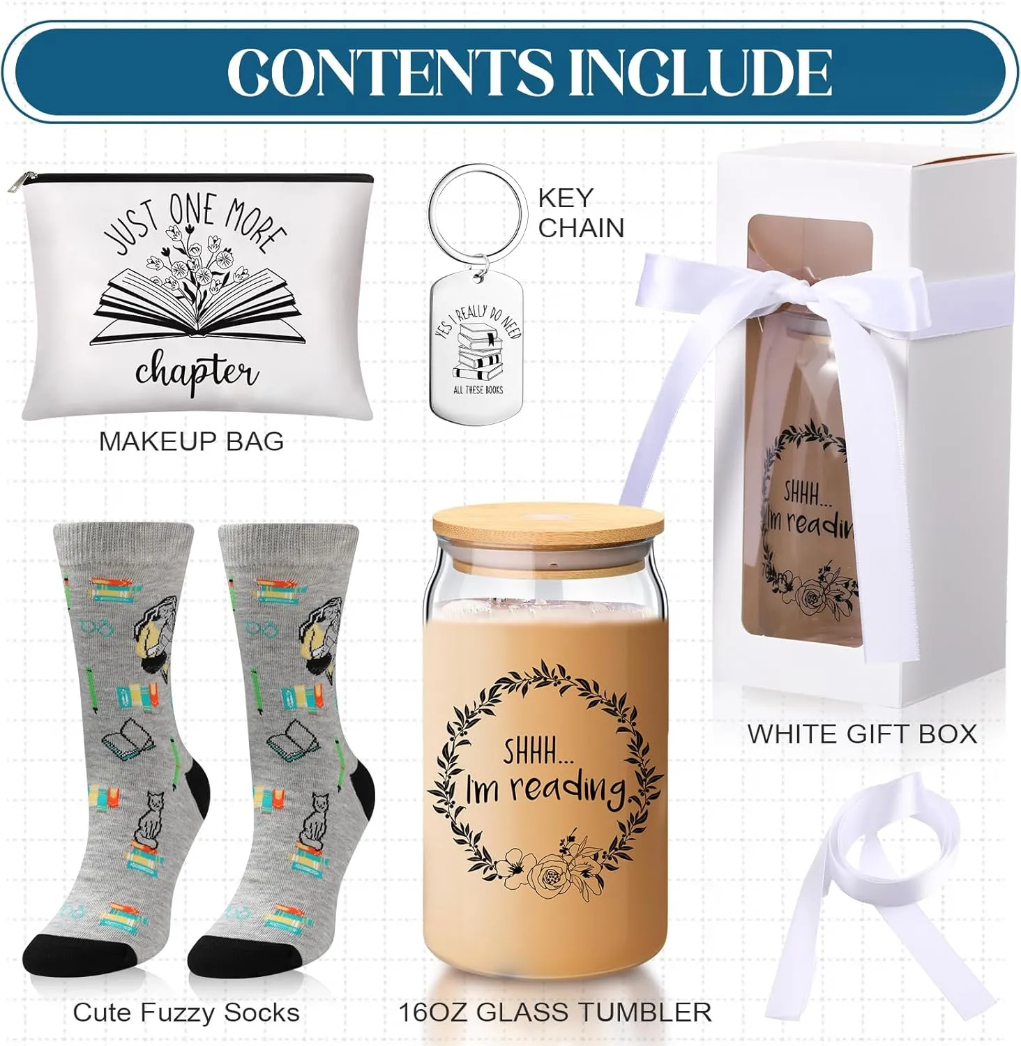 5 Pcs Book Lovers Gifts Set Includes 16 oz Glass Cup with Lids and Straws Gift Boxes with Clear Window Makeup Bag Book Themed Keychain Novelty Socks for Teacher Readers Student Librarians
