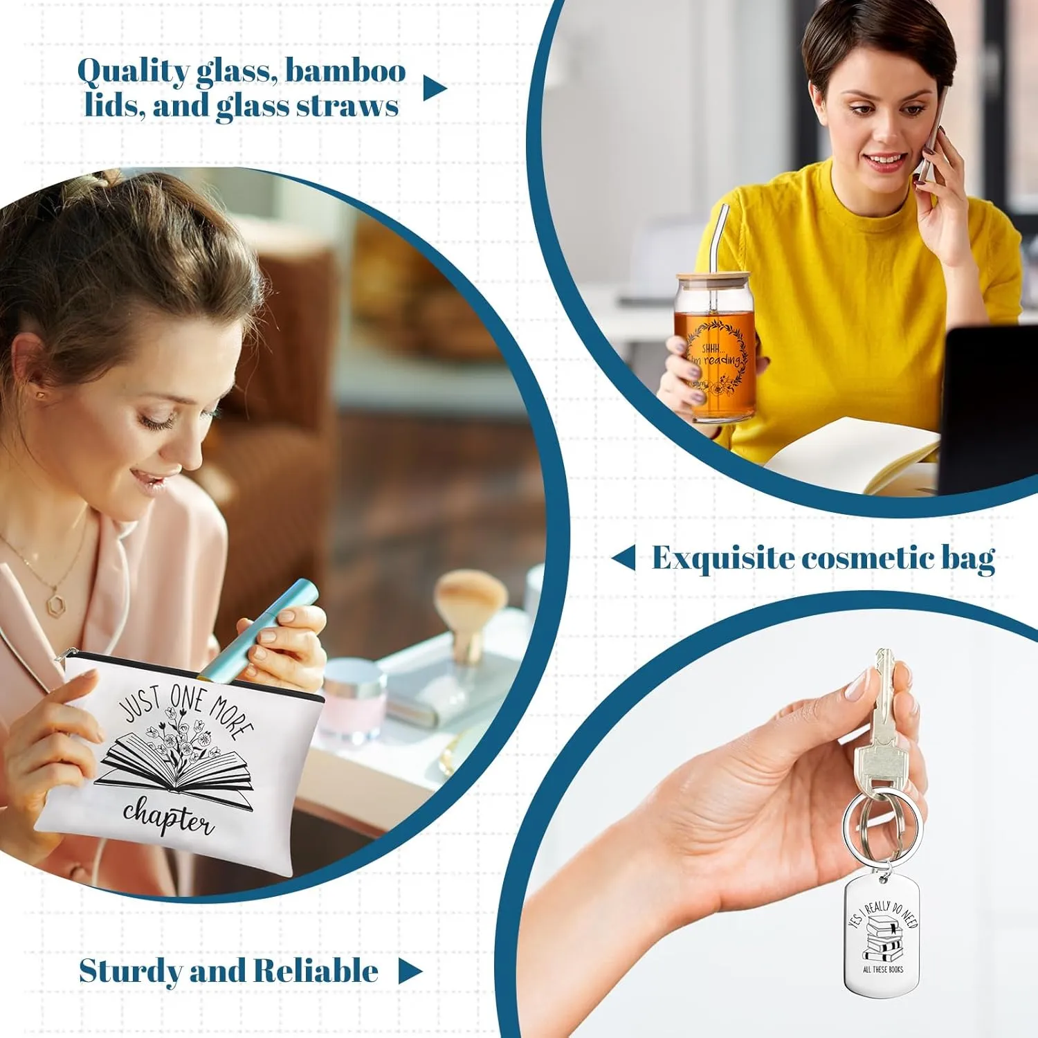 5 Pcs Book Lovers Gifts Set Includes 16 oz Glass Cup with Lids and Straws Gift Boxes with Clear Window Makeup Bag Book Themed Keychain Novelty Socks for Teacher Readers Student Librarians