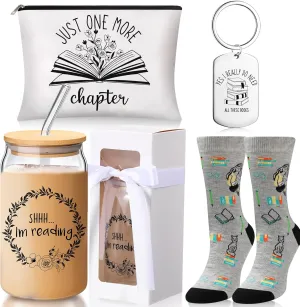 5 Pcs Book Lovers Gifts Set Includes 16 oz Glass Cup with Lids and Straws Gift Boxes with Clear Window Makeup Bag Book Themed Keychain Novelty Socks for Teacher Readers Student Librarians
