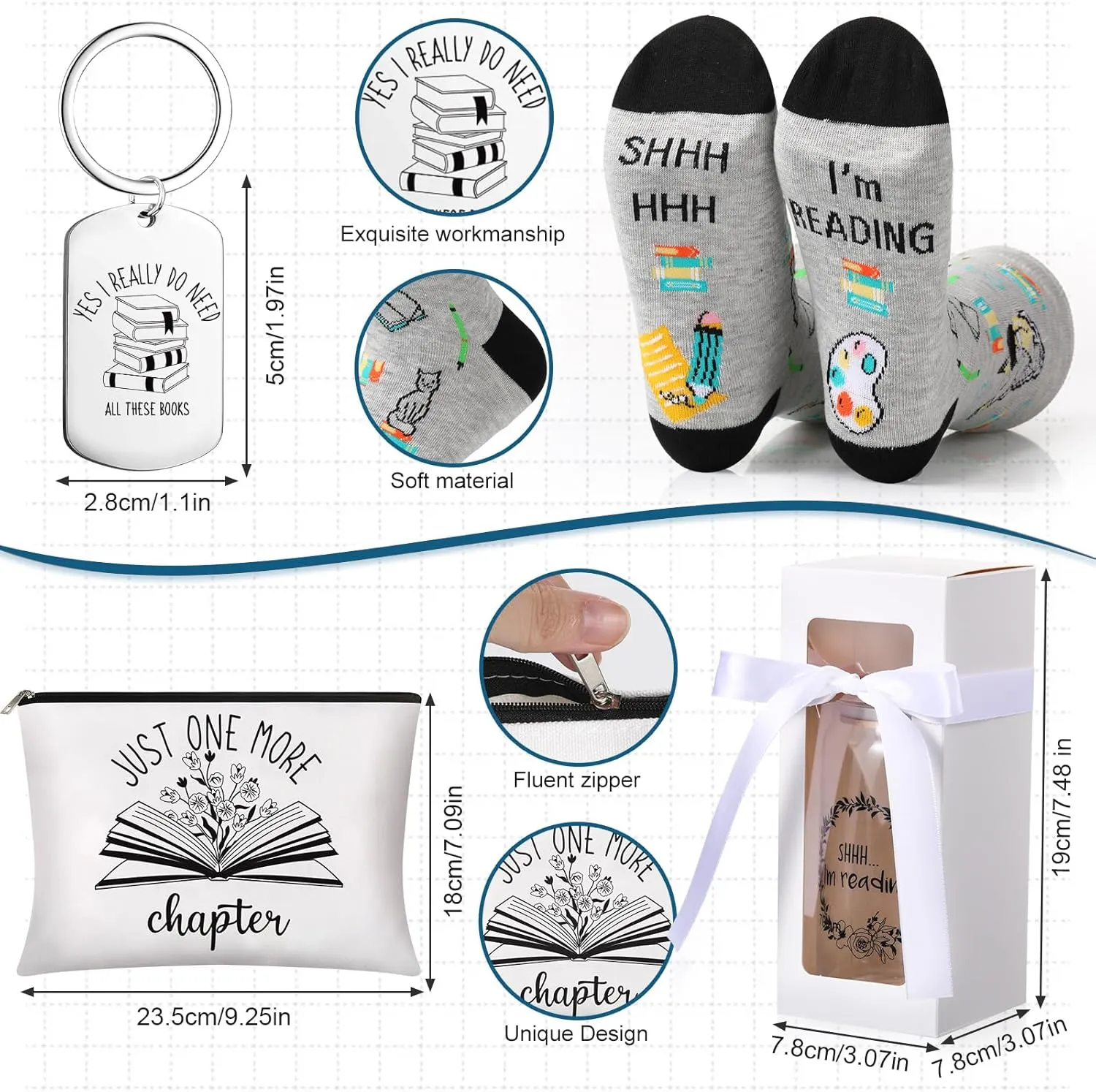 5 Pcs Book Lovers Gifts Set Includes 16 oz Glass Cup with Lids and Straws Gift Boxes with Clear Window Makeup Bag Book Themed Keychain Novelty Socks for Teacher Readers Student Librarians