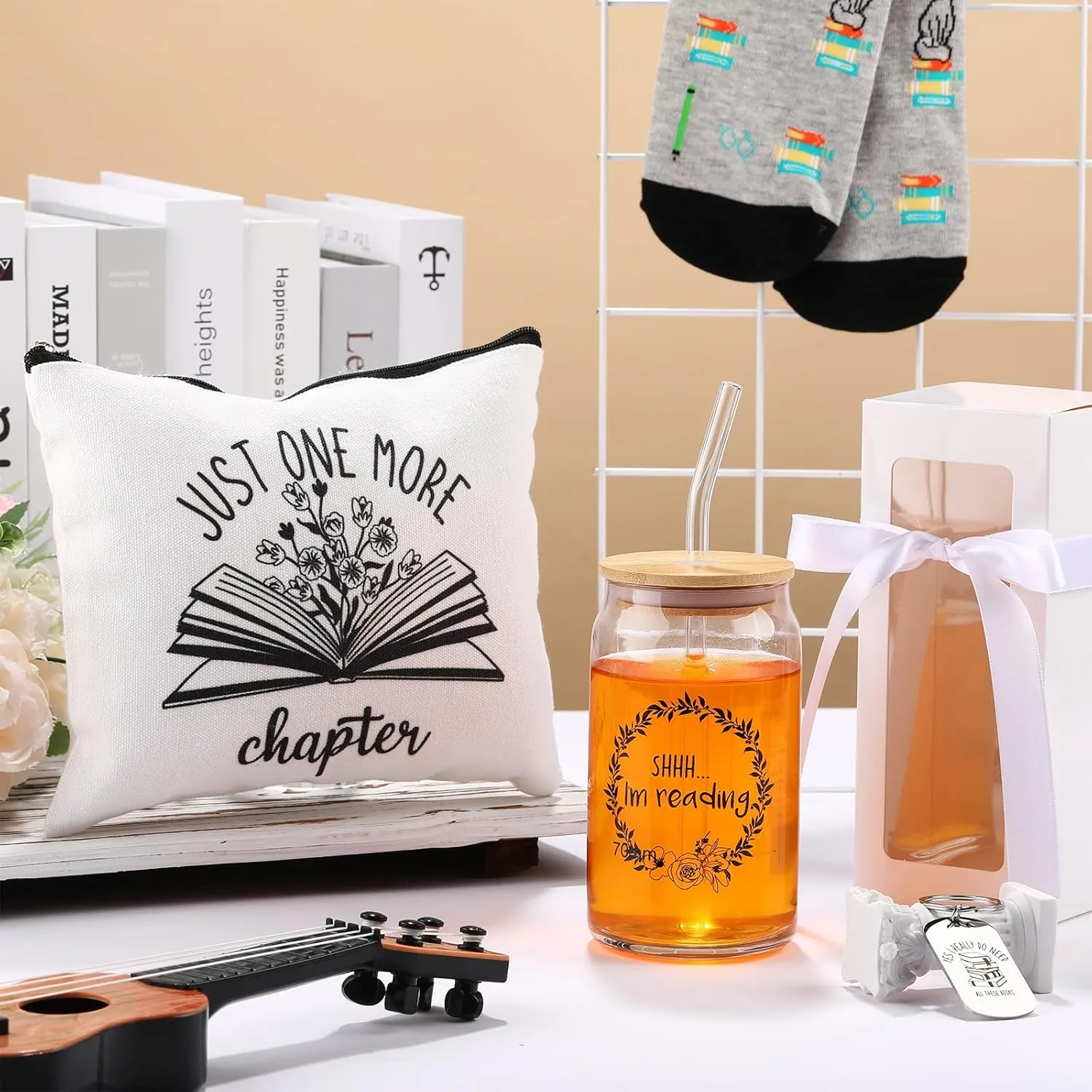 5 Pcs Book Lovers Gifts Set Includes 16 oz Glass Cup with Lids and Straws Gift Boxes with Clear Window Makeup Bag Book Themed Keychain Novelty Socks for Teacher Readers Student Librarians