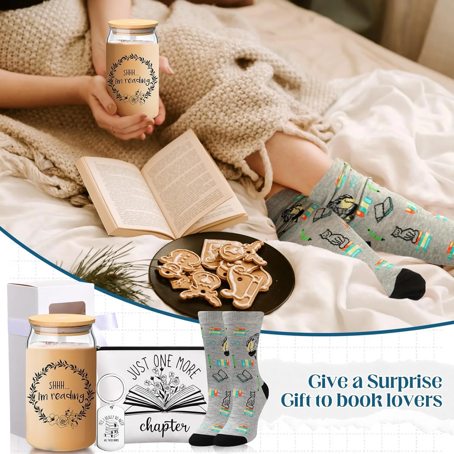 5 Pcs Book Lovers Gifts Set Includes 16 oz Glass Cup with Lids and Straws Gift Boxes with Clear Window Makeup Bag Book Themed Keychain Novelty Socks for Teacher Readers Student Librarians