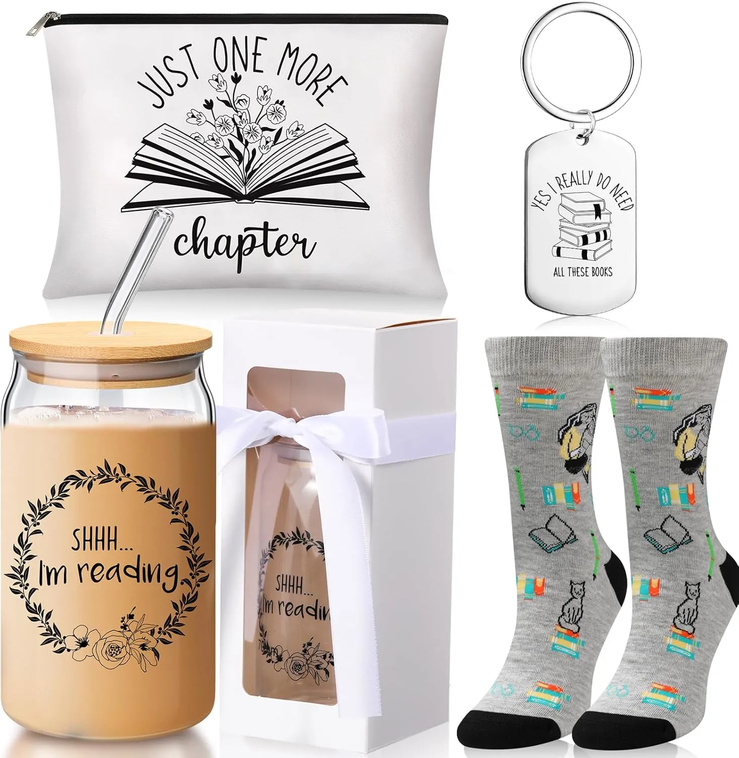 5 Pcs Book Lovers Gifts Set Includes 16 oz Glass Cup with Lids and Straws Gift Boxes with Clear Window Makeup Bag Book Themed Keychain Novelty Socks for Teacher Readers Student Librarians