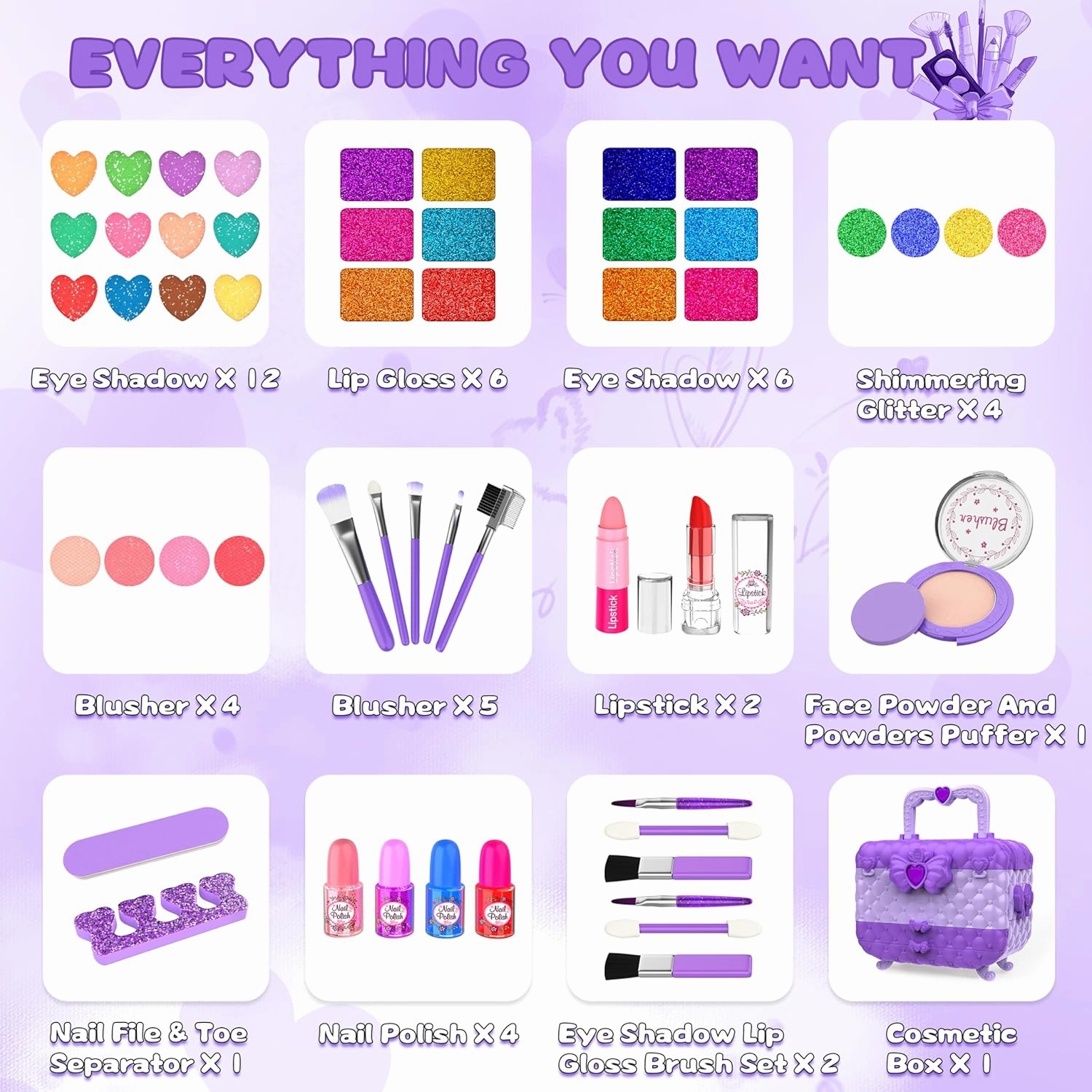54 Pcs Kids Makeup Kit for Girls, Princess Real Washable Pretend Play Cosmetic Set Toys with Mirror, Birthday Gifts for 3 4 5 6 7 8 9 10 Years Old Girls Kids (Purple)