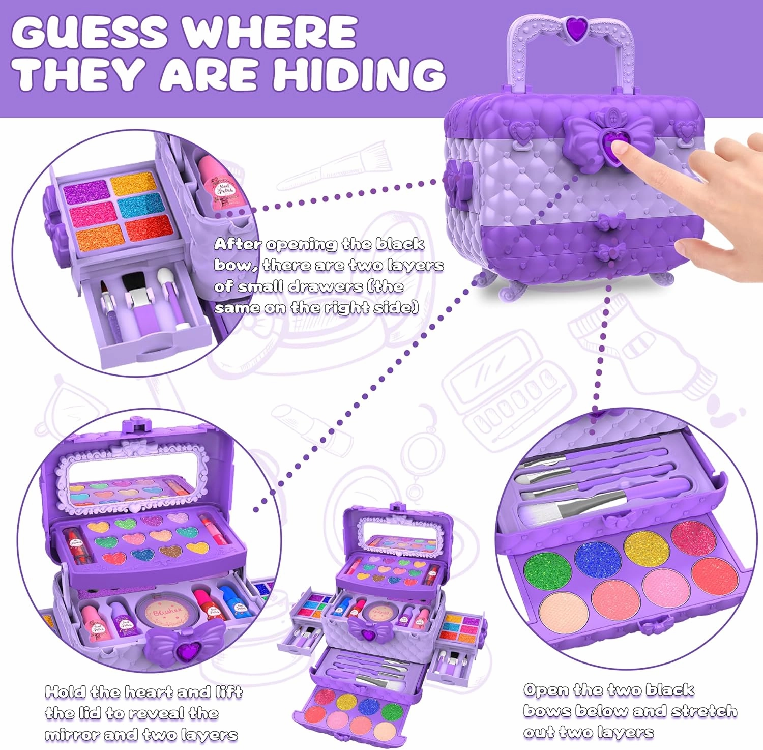 54 Pcs Kids Makeup Kit for Girls, Princess Real Washable Pretend Play Cosmetic Set Toys with Mirror, Birthday Gifts for 3 4 5 6 7 8 9 10 Years Old Girls Kids (Purple)