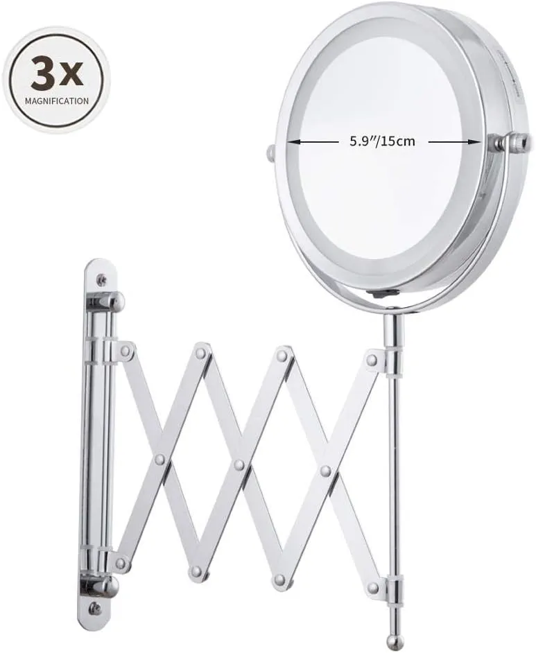 6 inch Folding Makeup Mirror Magnifying LED Lighted Vanity Mirror,Portable Illuminated Bathroom Shaving Mirror 360° Swivel for Bathroom and Spa(3xmagnifying)