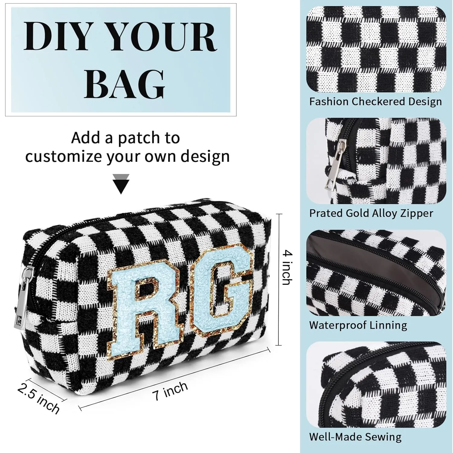 6 Pcs Checkered Makeup Bag Preppy Cosmetic Bag Bulk Pink Black Makeup Pouch Personalize Travel Toiletry Bag Organizer Cute DIY Makeup Brushes Storage Bag for Women