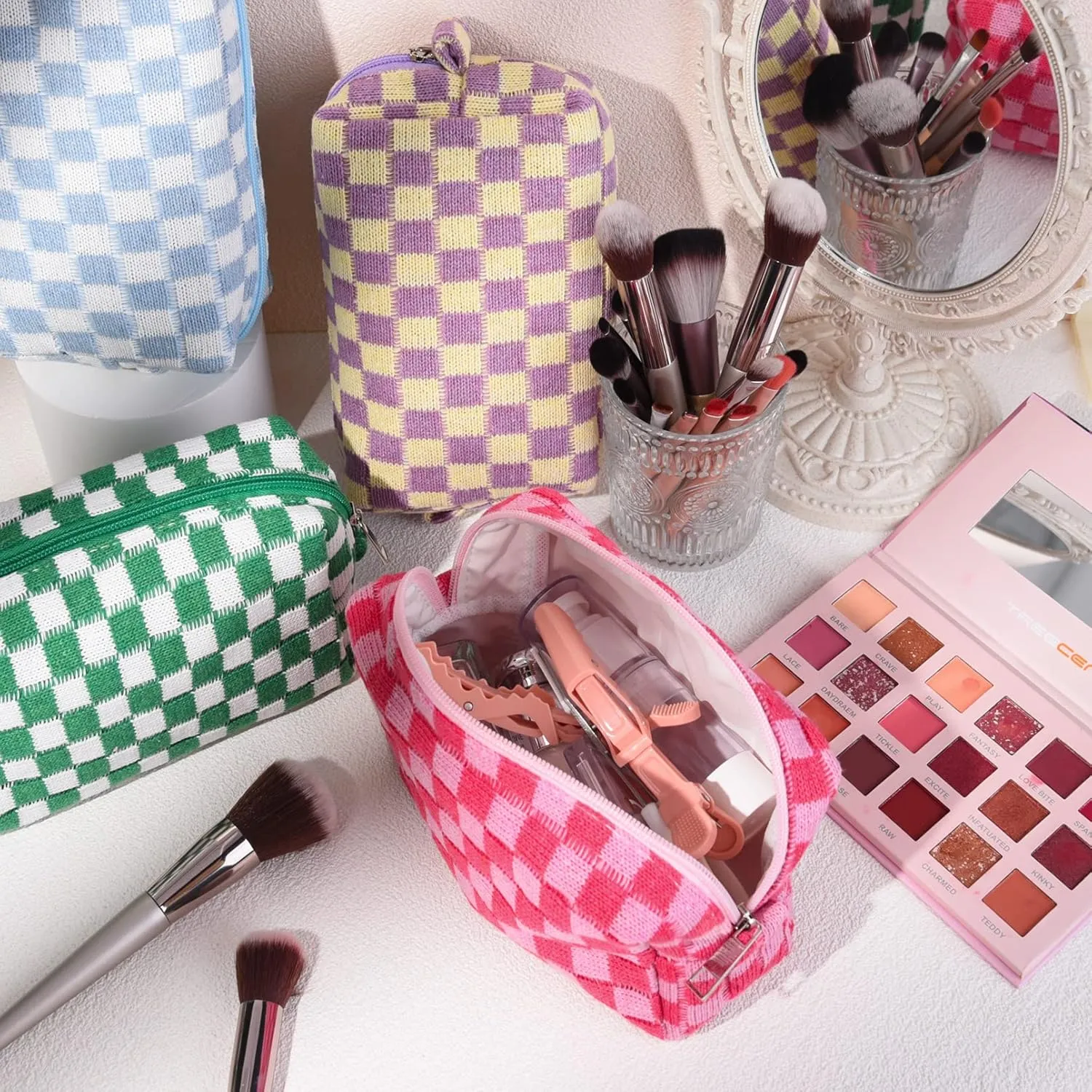 6 Pcs Checkered Makeup Bag Preppy Cosmetic Bag Bulk Pink Black Makeup Pouch Personalize Travel Toiletry Bag Organizer Cute DIY Makeup Brushes Storage Bag for Women