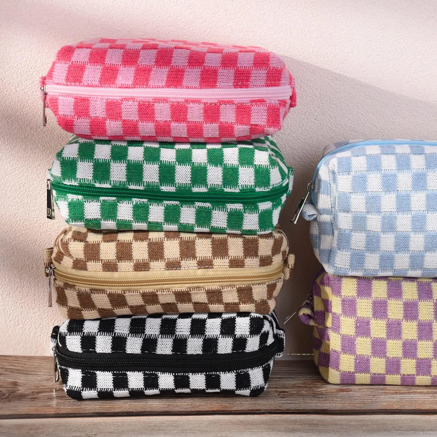 6 Pcs Checkered Makeup Bag Preppy Cosmetic Bag Bulk Pink Black Makeup Pouch Personalize Travel Toiletry Bag Organizer Cute DIY Makeup Brushes Storage Bag for Women