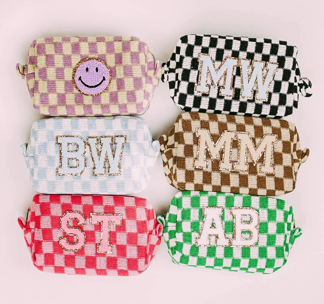 6 Pcs Checkered Makeup Bag Preppy Cosmetic Bag Bulk Pink Black Makeup Pouch Personalize Travel Toiletry Bag Organizer Cute DIY Makeup Brushes Storage Bag for Women