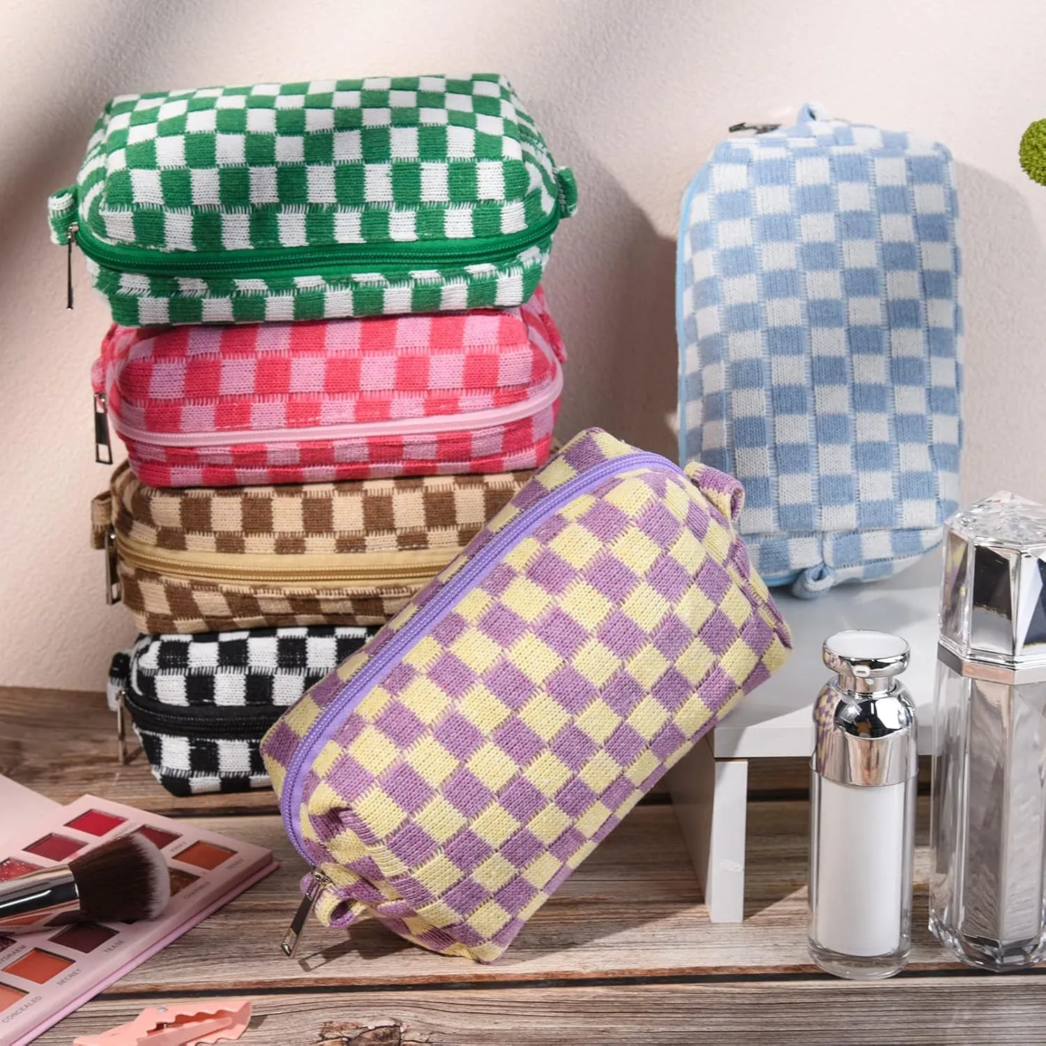 6 Pcs Checkered Makeup Bag Preppy Cosmetic Bag Bulk Pink Black Makeup Pouch Personalize Travel Toiletry Bag Organizer Cute DIY Makeup Brushes Storage Bag for Women