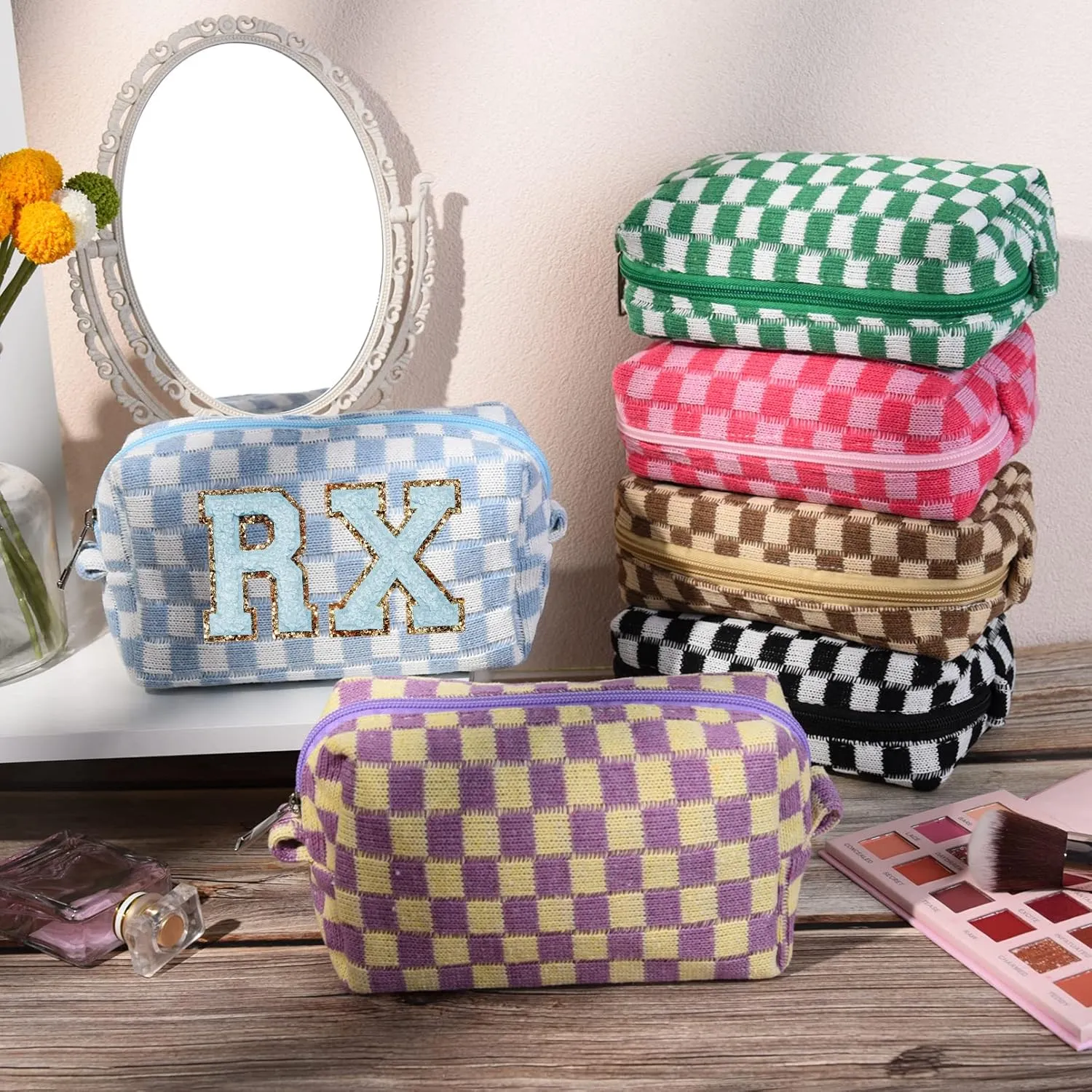 6 Pcs Checkered Makeup Bag Preppy Cosmetic Bag Bulk Pink Black Makeup Pouch Personalize Travel Toiletry Bag Organizer Cute DIY Makeup Brushes Storage Bag for Women