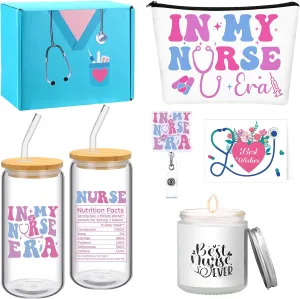 6 Pcs Nurse Gifts for Women Nurses Week Gifts in My Nurse Era Presents Include Glass Candles Makeup Bag Badge Reel Holder Card Box Appreciation Presents for Healthcare Worker