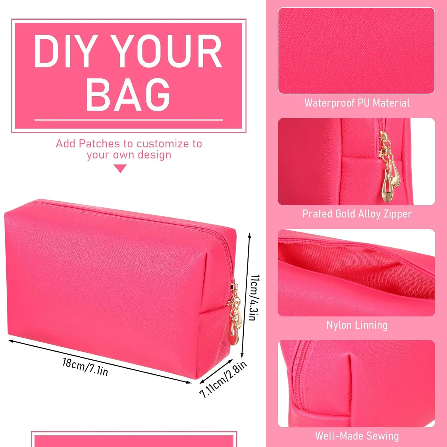 6 Pcs Preppy Patch Makeup Bag PU Leather Cosmetic Bag Waterproof Neat Travel Toiletry Pouch Portable Makeup Bag for Women Friends Cosmetic Organizer Travel Toiletry Pencil Case (Rose Red)