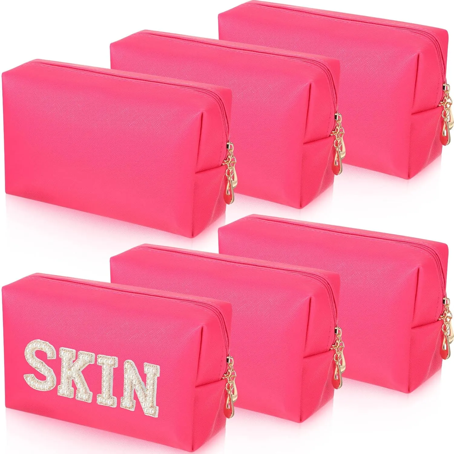 6 Pcs Preppy Patch Makeup Bag PU Leather Cosmetic Bag Waterproof Neat Travel Toiletry Pouch Portable Makeup Bag for Women Friends Cosmetic Organizer Travel Toiletry Pencil Case (Rose Red)