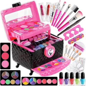 60Pcs Kid Makeup Kit for Girls 6-12, FunKidz Three Layers Folding Make Up Box Toy Set Child Beauty Cosmetic Kits for Little Girls Party Gifts