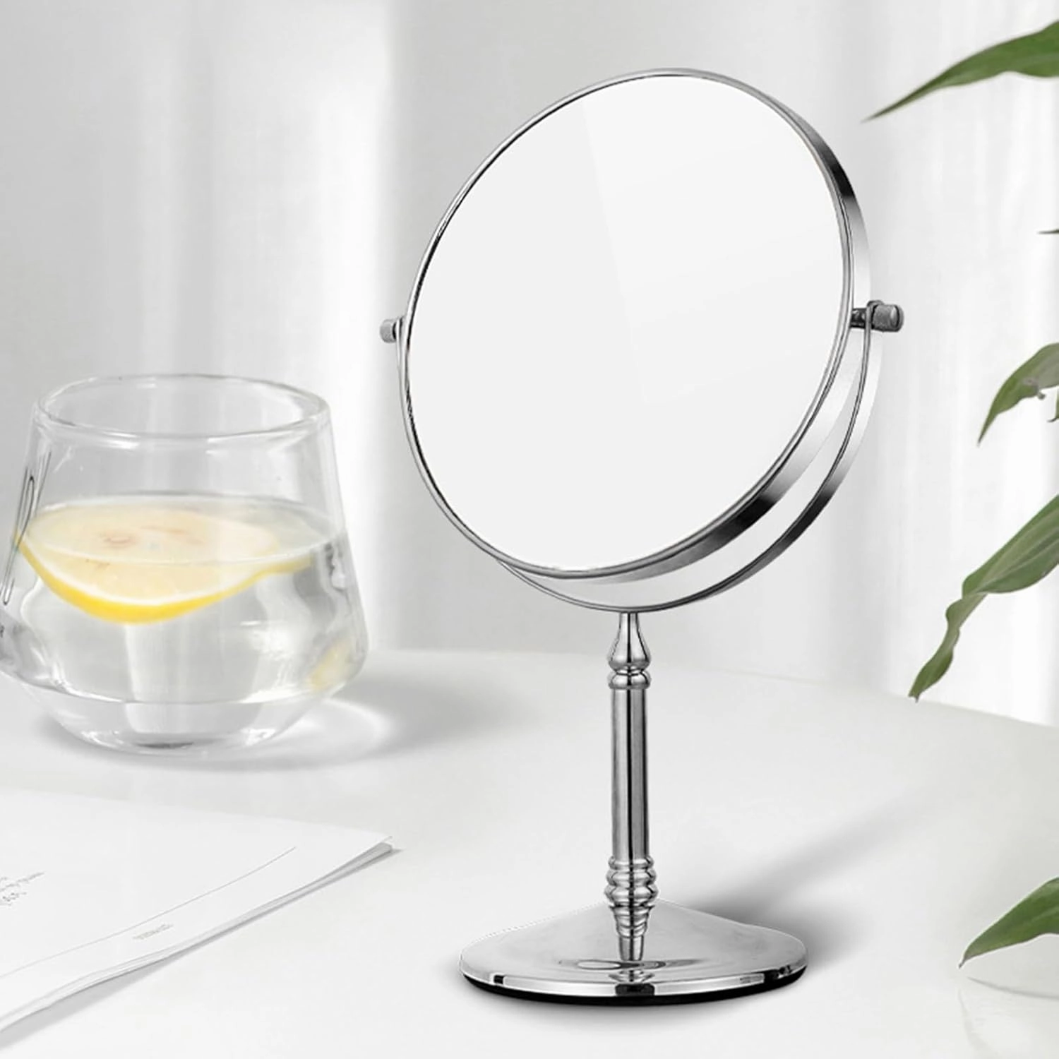 6 Inch Tabletop Makeup Mirror, 360°Swivel Double Side Beauty Cosmetic Mirror, HD Magnification Shaving Mirror for Table, Standing Vanity Mirror for Beauty Salon,Silver,5X