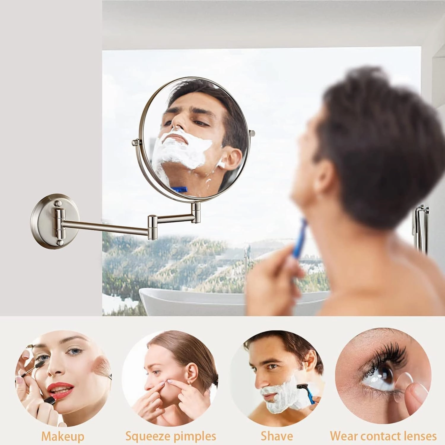 6 Inch Wall-Mounted Make-up Mirror, Shaving Mirrors for Wall, 7X Magnification 360 Degree Rotation Double-Sided Make-up Mirrors for Bathrooms, Silver White