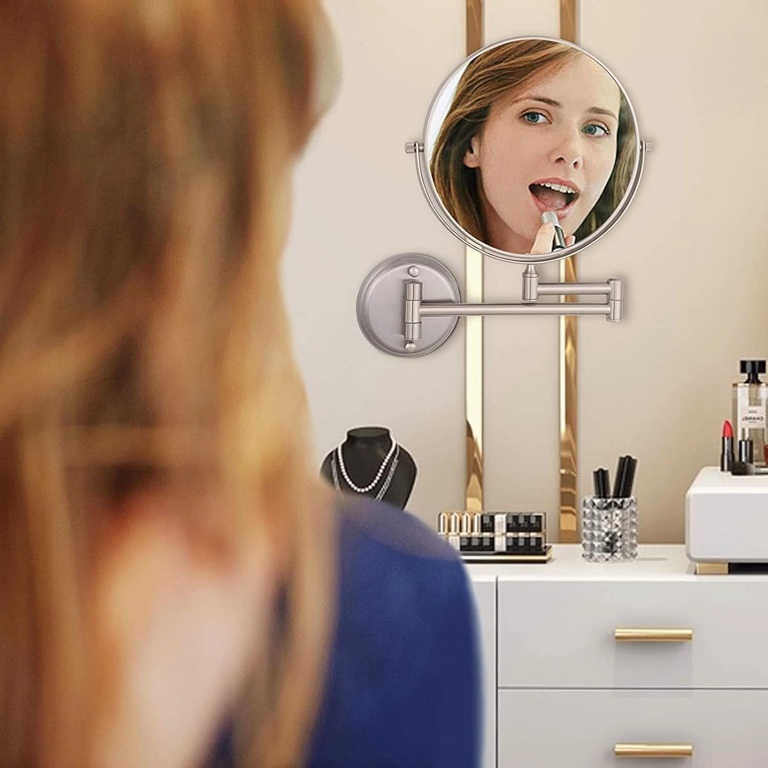 6 Inch Wall-Mounted Make-up Mirror, Shaving Mirrors for Wall, 7X Magnification 360 Degree Rotation Double-Sided Make-up Mirrors for Bathrooms, Silver White