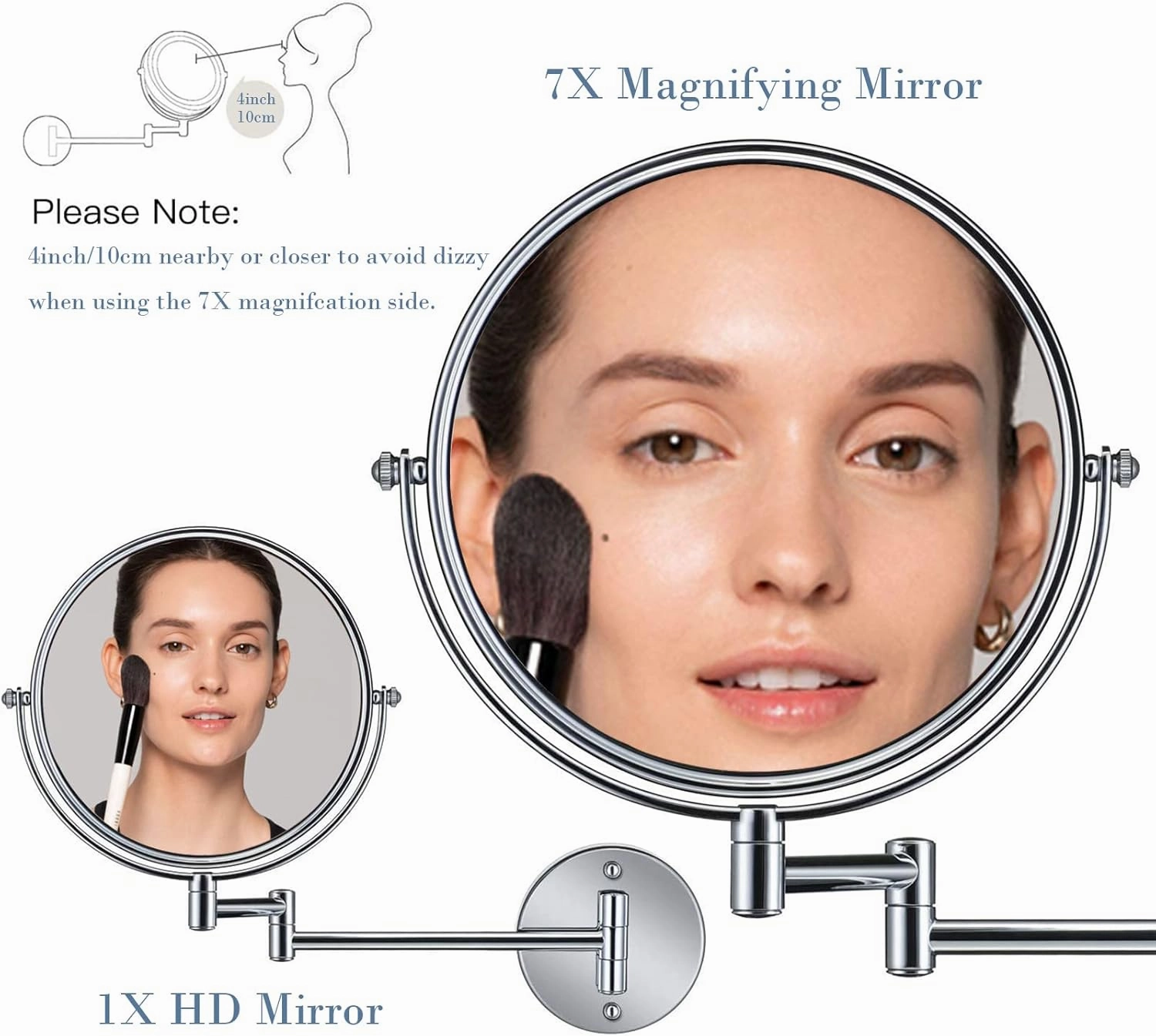 6 Inch Wall-Mounted Make-up Mirror, Shaving Mirrors for Wall, 7X Magnification 360 Degree Rotation Double-Sided Make-up Mirrors for Bathrooms, Silver White