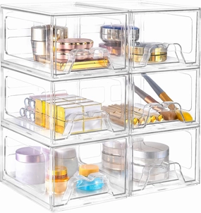 6 Pack Stackable Makeup Organizer, 4.4'' Tall Acrylic Bathroom Makeup Organizer and Storage Drawer with Pull-out Handle, Clear Plastic Storage Bins for Vanity,Pantry,Desk,Undersink,Kitchen