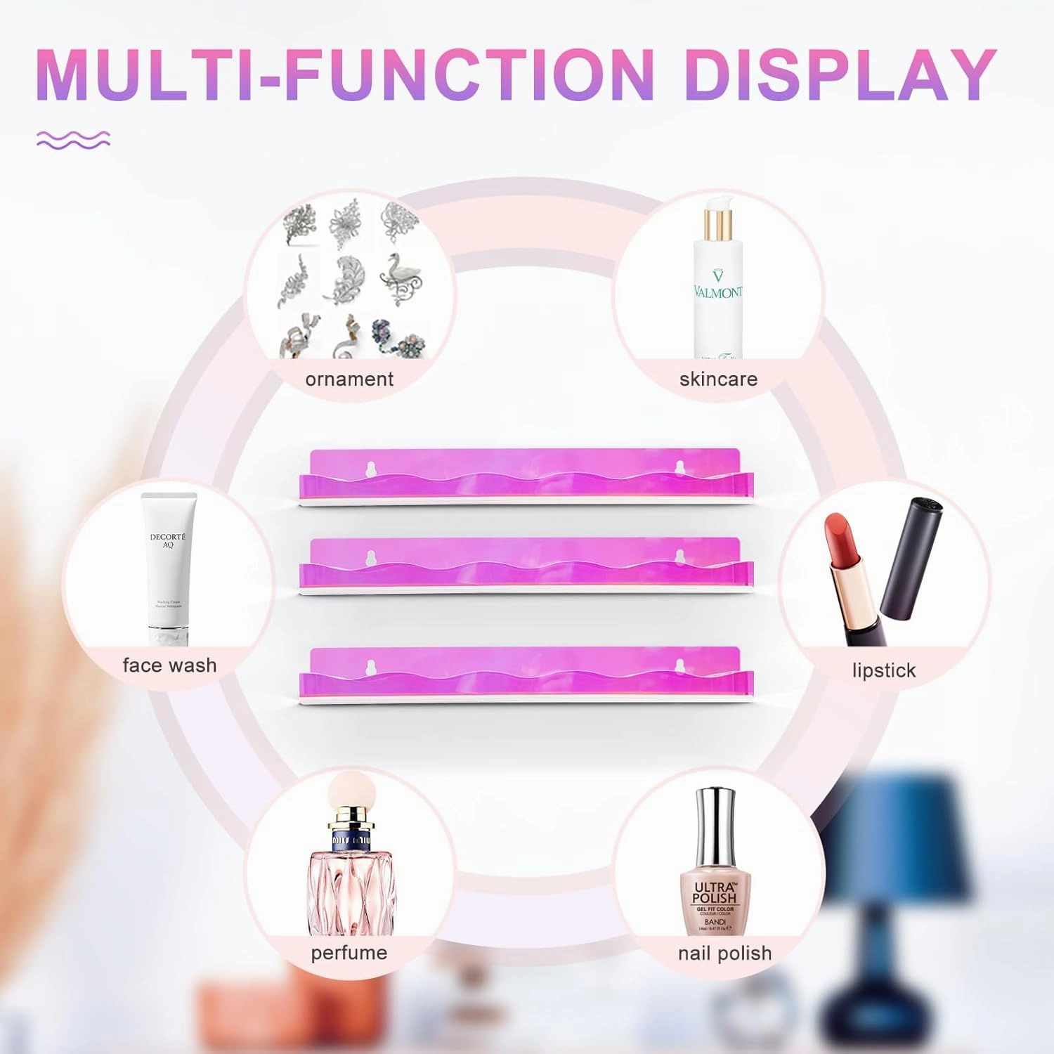 6 Packs Iridescent Nail Polish Wall Mounted Organizer, 15" Rainbow Floating Shelves, Acrylic Nail Polish Wall Rack for Paint, Tattoo Ink, Essential Oils, Makeup Storage Display Stand