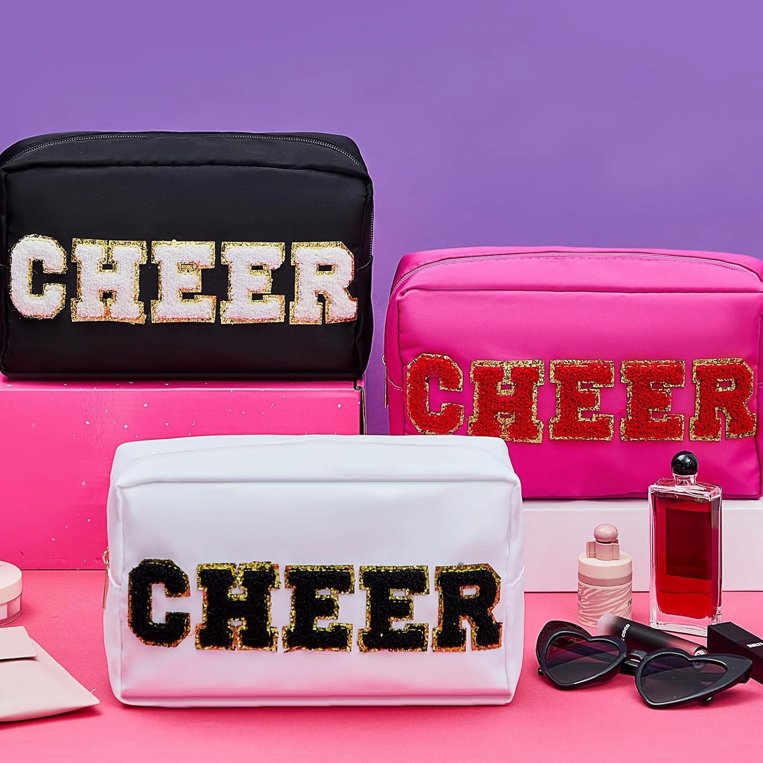6 Pcs Cosmetic Cheer Bag with Chenille Letter Patches Nylon Makeup Gift Dance Cheerleader Bag Toiletry Zipper Pouch for Travel Women Girl Storage(Bright Colors,Cheer)