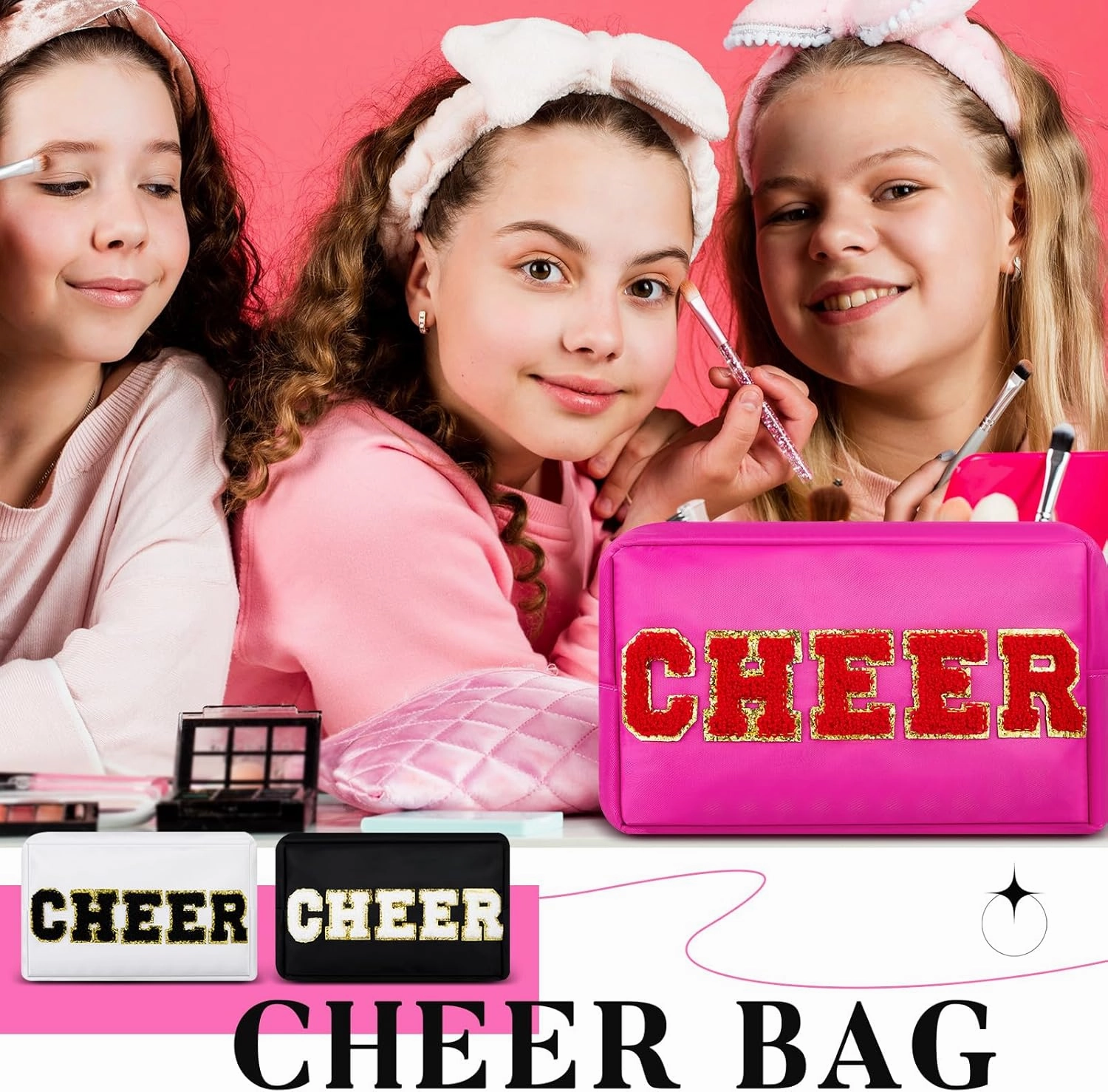 6 Pcs Cosmetic Cheer Bag with Chenille Letter Patches Nylon Makeup Gift Dance Cheerleader Bag Toiletry Zipper Pouch for Travel Women Girl Storage(Bright Colors,Cheer)